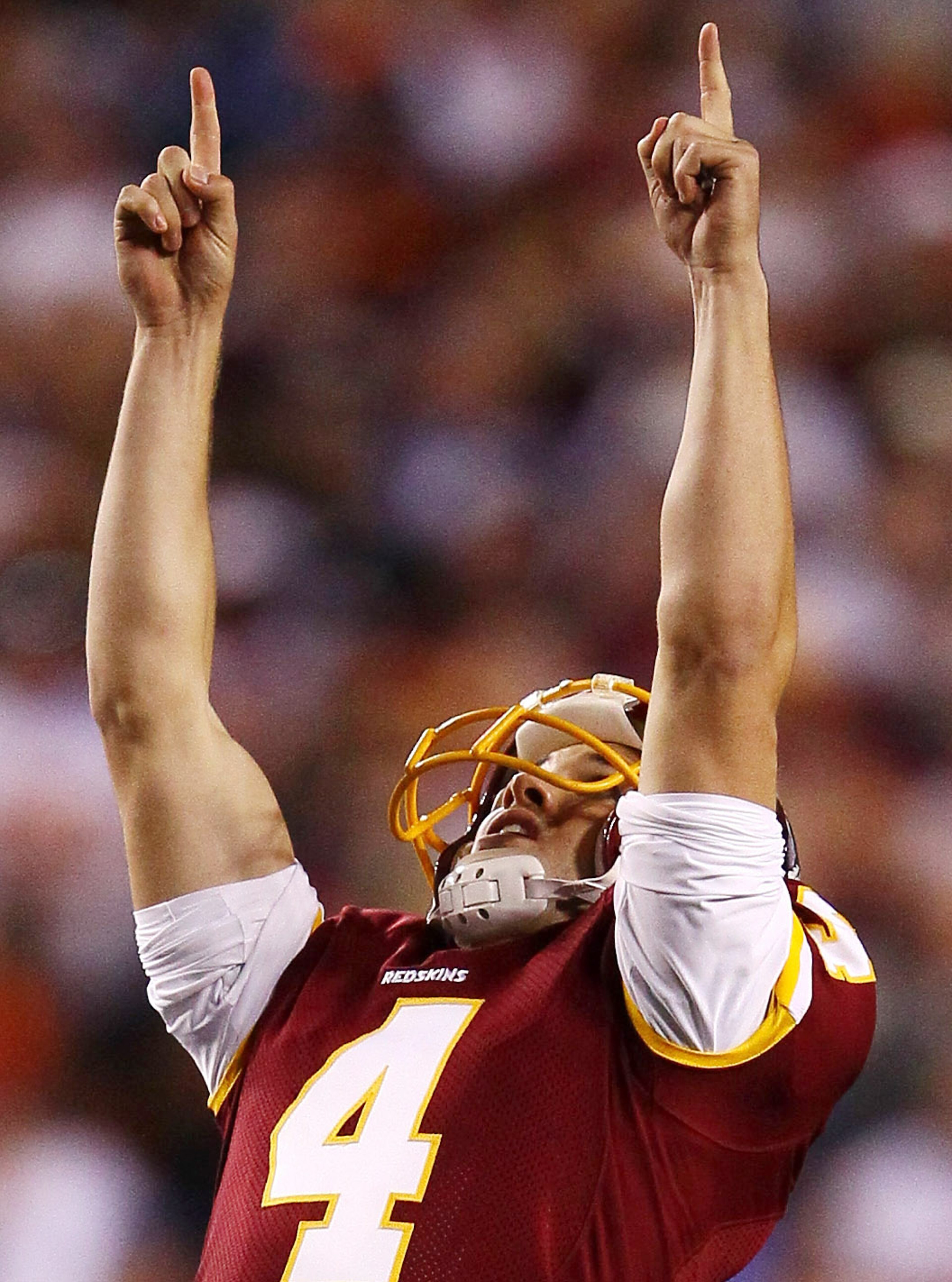 LANDOVER, MD - OCTOBER 17: Washington Redskins kicker Graham Gano #4 celebrates making a field goal against the Indianapolis Colts at FedEx Field on October 17, 2010 in Landover, Maryland. The Colts won the game 27-24. (Photo by Win McNamee/Getty Images LANDOVER, MD - OCTOBER 17: Washington Redskins kicker Graham Gano #4 celebrates making a field goal against the Indianapolis Colts at FedEx Field on October 17, 2010 in Landover, Maryland. The Colts won the game 27-24. (Photo by Win McNamee/Getty Images