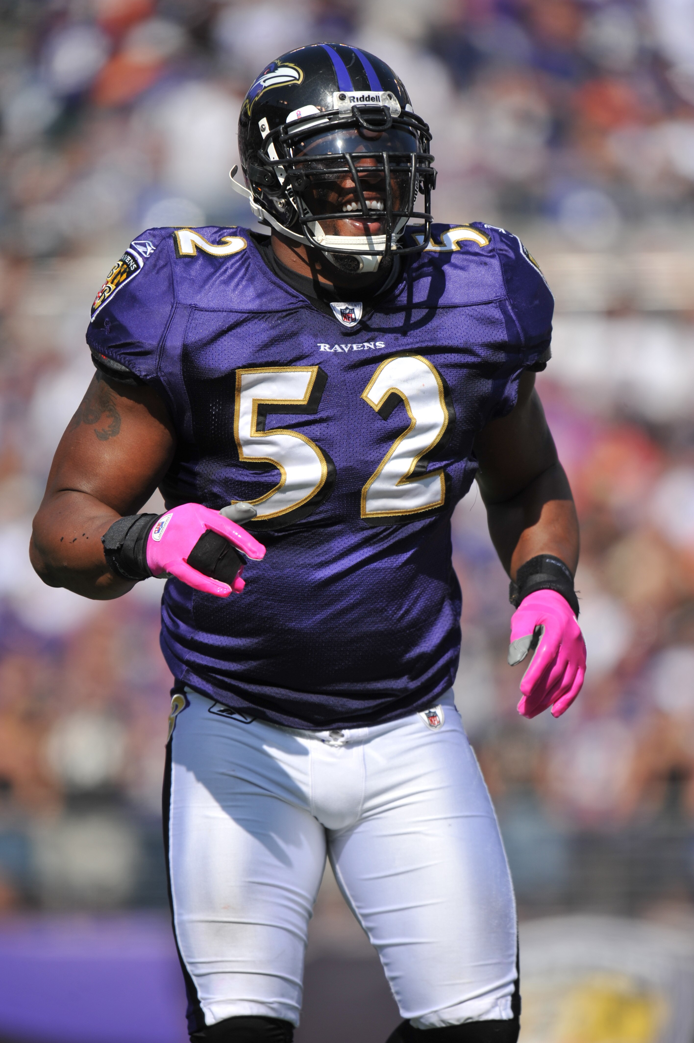 BALTIMORE, MD - OCTOBER 10: Ray Lewis #52 of the Baltimore Ravens celebrates a play against the Denver Broncos at M&T Bank Stadium on October 10, 2010 in Baltimore, Maryland. Players wore pink in recognition of Breast Cancer Awareness Month. The Ravens de