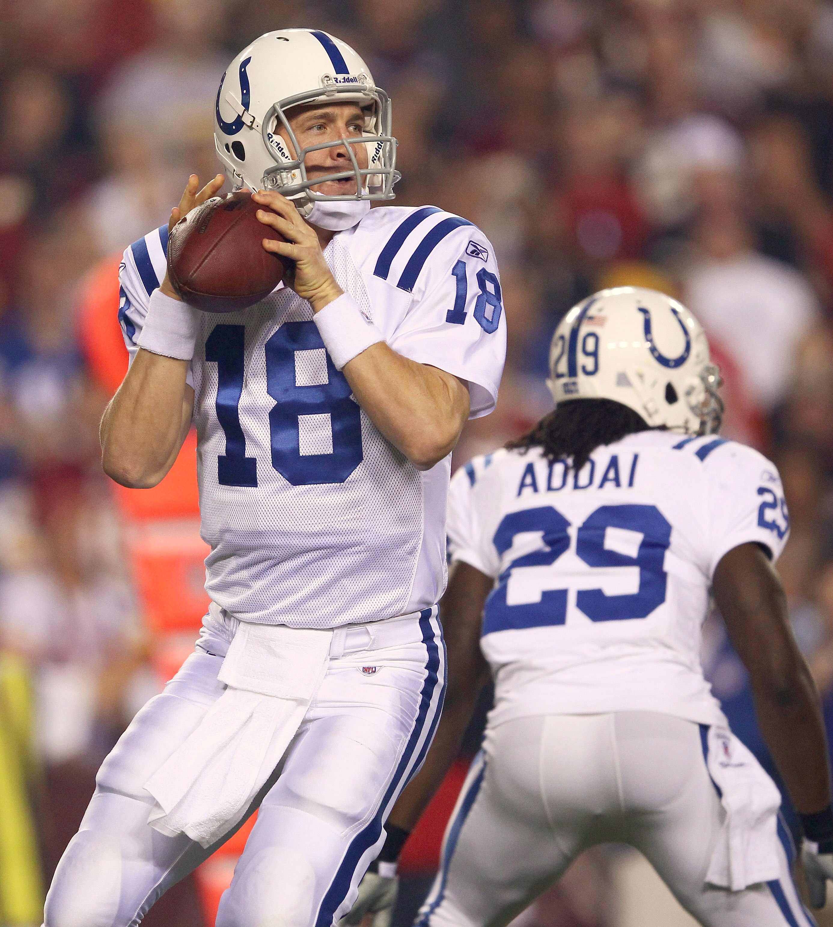 LANDOVER, MD - OCTOBER 17:  Quarterback Peyton Manning #18 of the Indianapolis Colts throws a pass against the Washington Redskins at FedExField on October 17, 2010 in Landover, Maryland.  (Photo by Win McNamee/Getty Images)