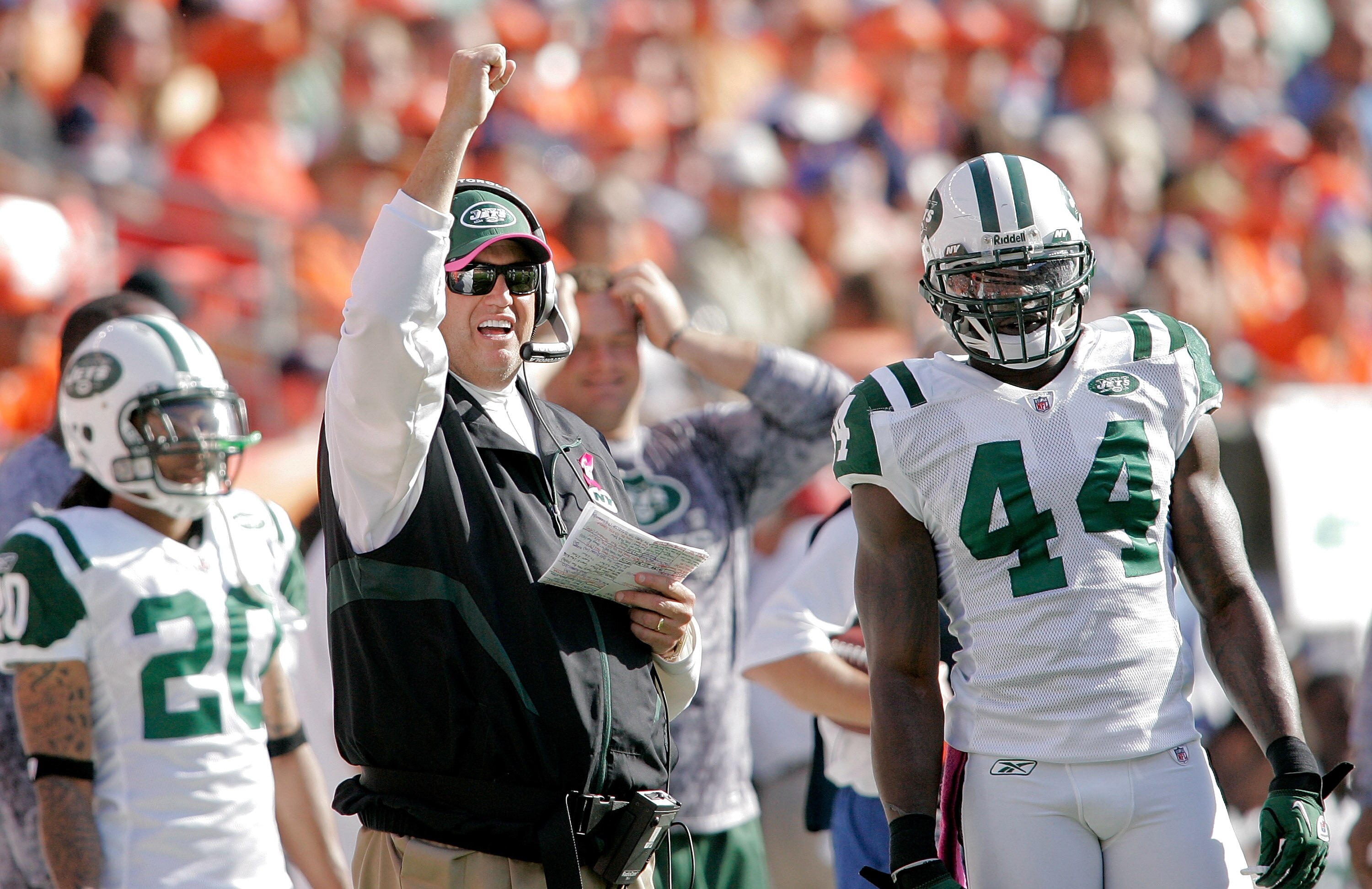DENVER - OCTOBER 17:  Head coach Rex Ryan the New York Jets celebrates a penalty call against the Denver Broncos at INVESCO Field at Mile High on October 17, 2010 in Denver, Colorado.  (Photo by Justin Edmonds/Getty Images)