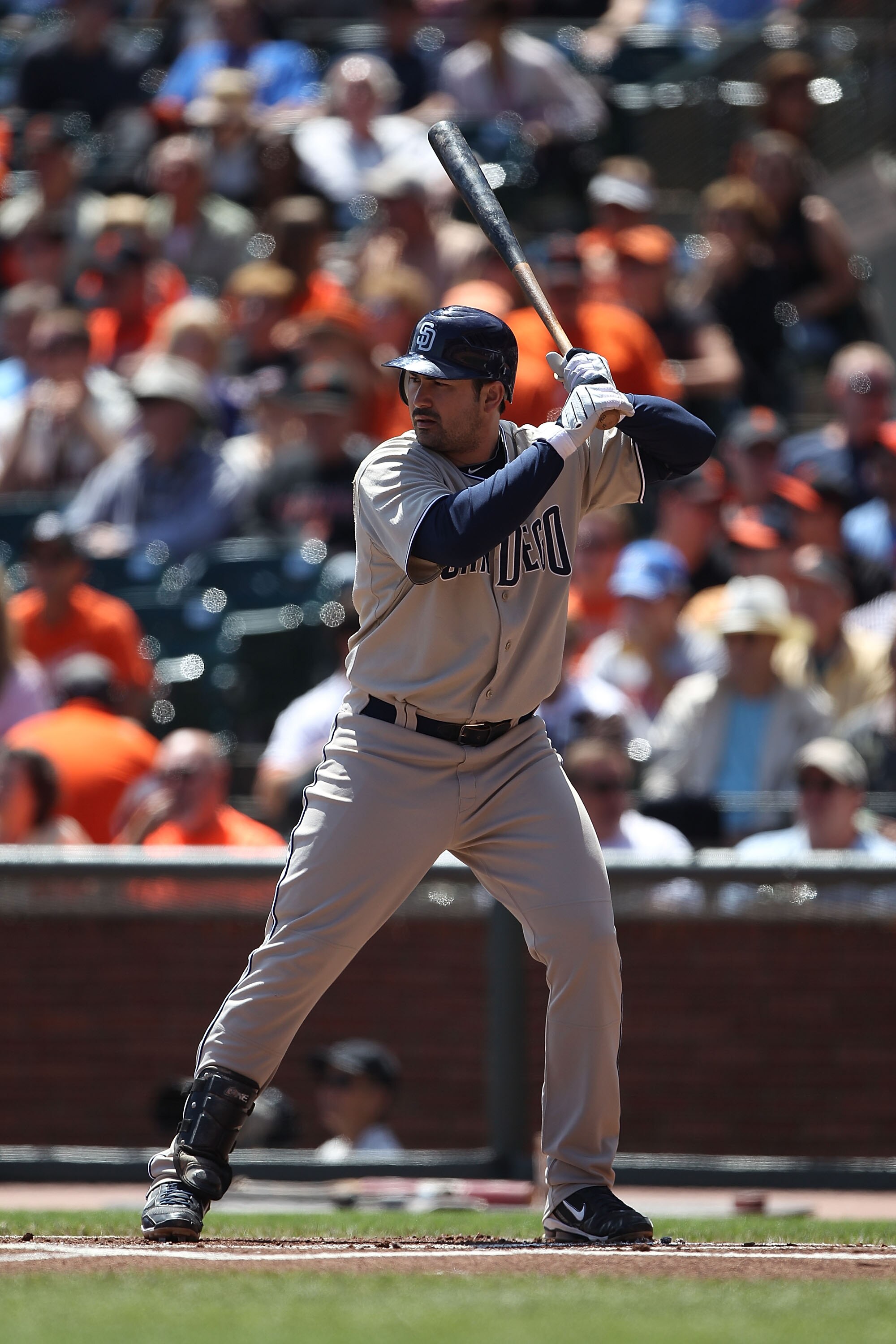 SAN FRANCISCO - AUGUST 15:  Adrian Gonzalez #23 of the San Diego Padres bats against the San Francisco Giants during an MLB game at AT&T Park on August 15, 2010 in San Francisco, California.  (Photo by Jed Jacobsohn/Getty Images)