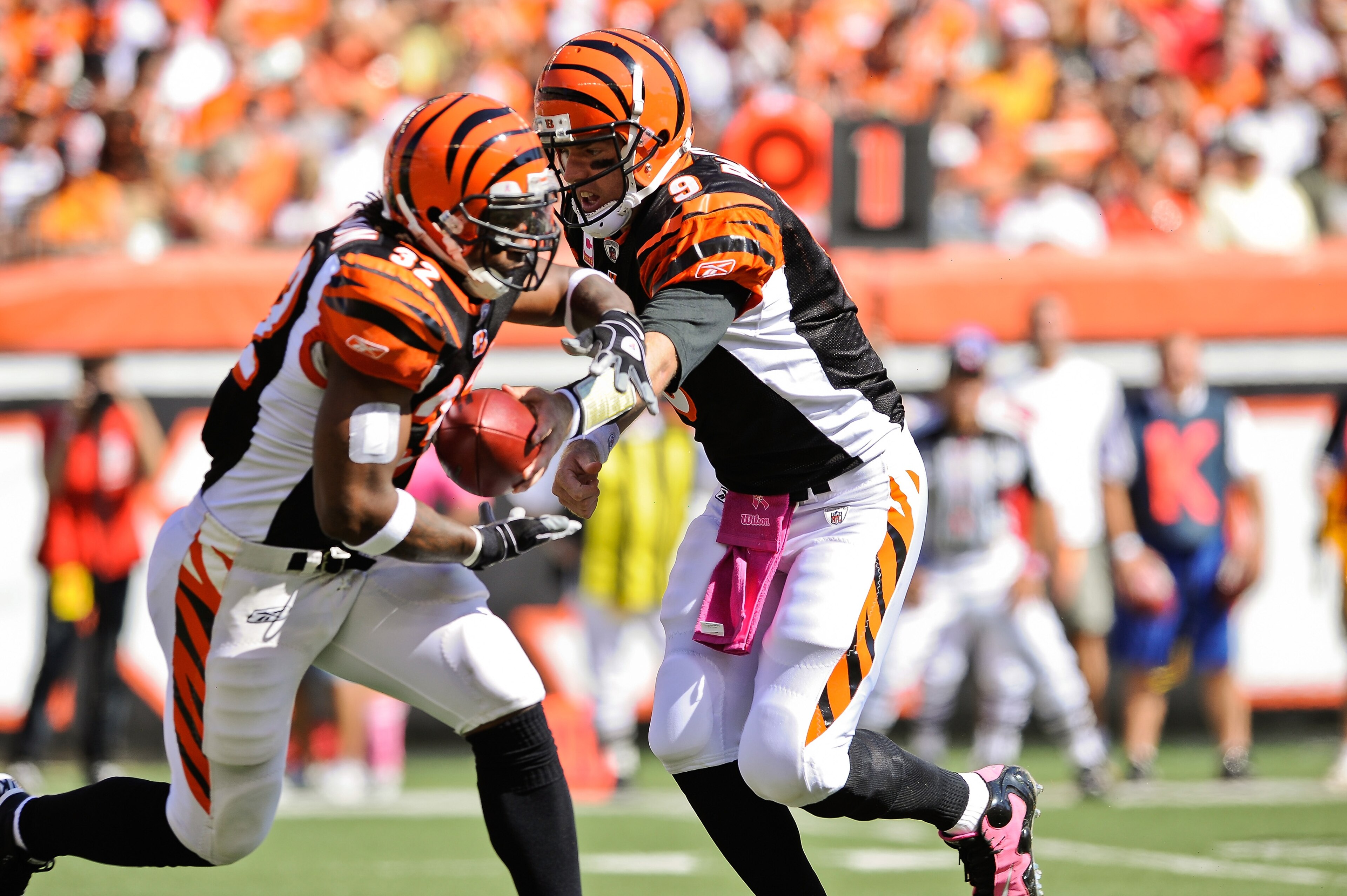 CINCINNATI, OH - OCTOBER 10: Quarterback Carson Palmer #9 of the Cincinnati Bengals hands off to Cedric Benson #32 of the Bengals during a game against the Tampa Bay Buccaneers at Paul Brown Stadium on October 10, 2010 in Cincinnati, Ohio. (Photo by Jamie
