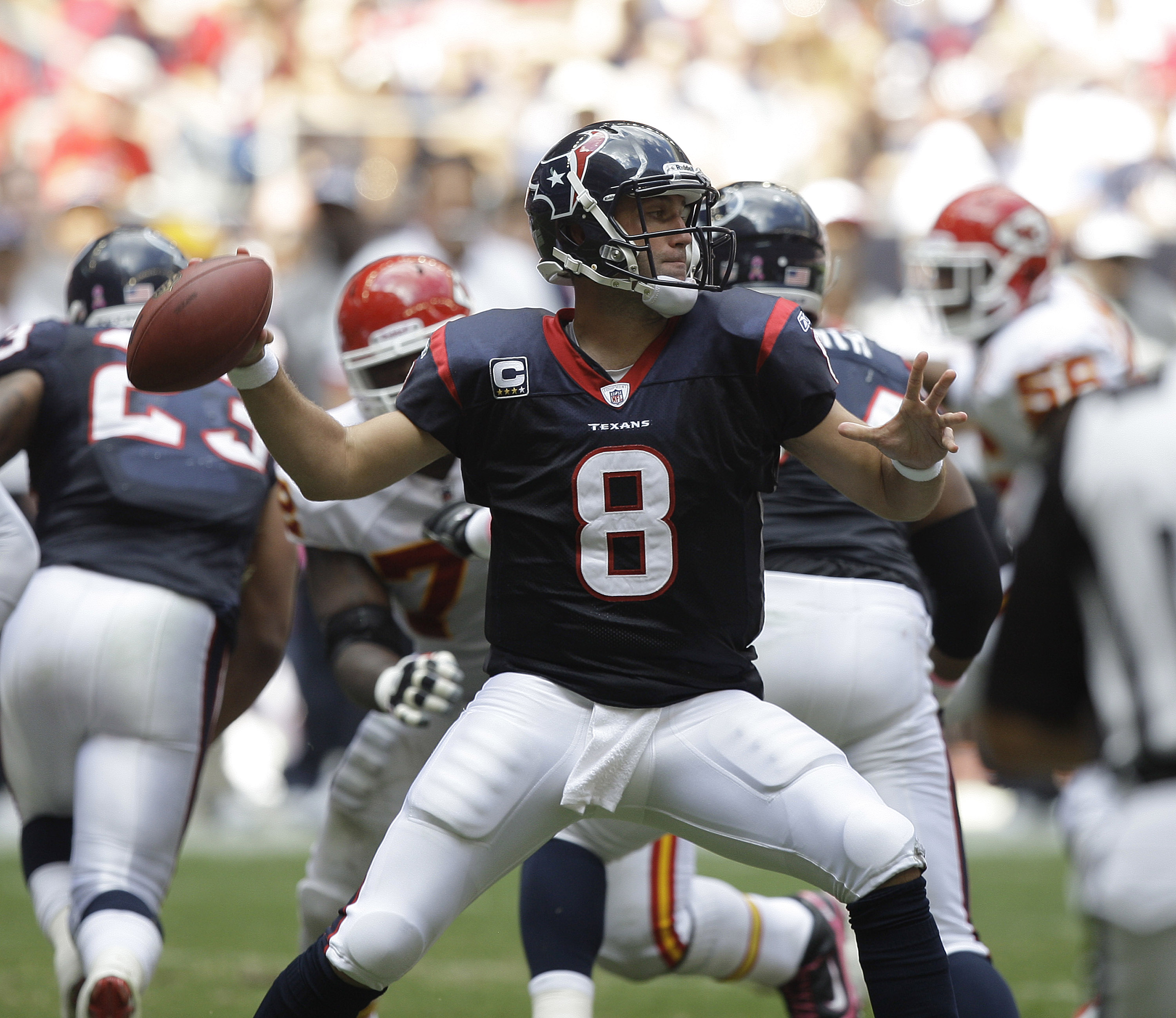 HOUSTON - OCTOBER 17:  Quarterback Matt Schaub #8 of the Houton Texans scrambles out of the pocket as he looks for a receiver agasint the Kasnas City Chiefs at Reliant Stadium on October 17, 2010 in Houston, Texas.  (Photo by Bob Levey/Getty Images)