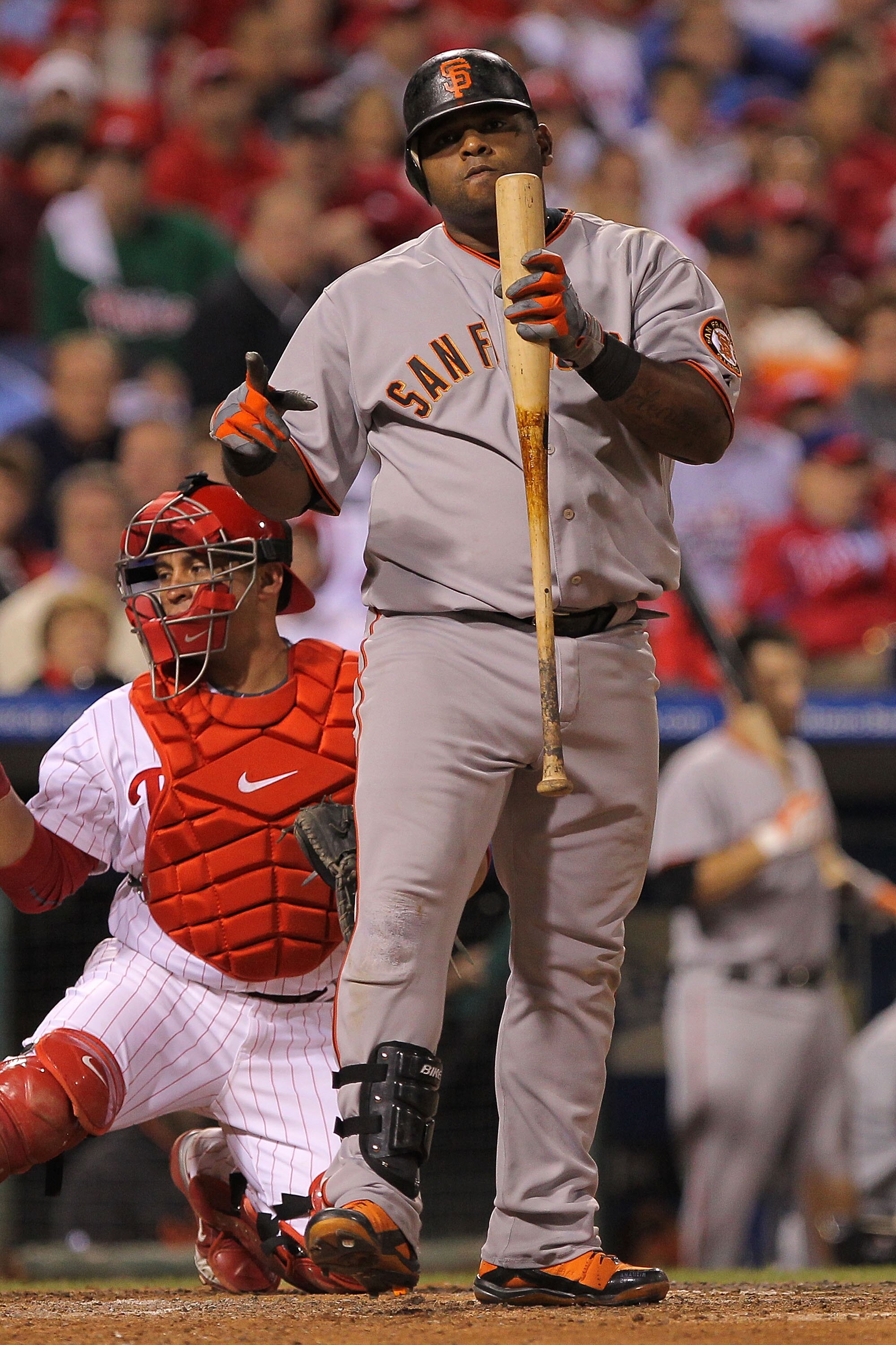 PHILADELPHIA - OCTOBER 17:  Pablo Sandoval #48 of the San Francisco Giants reacts in the eighth inning against the Philadelphia Phillies in Game Two of the NLCS during the 2010 MLB Playoffs at Citizens Bank Park on October 17, 2010 in Philadelphia, Pennsy