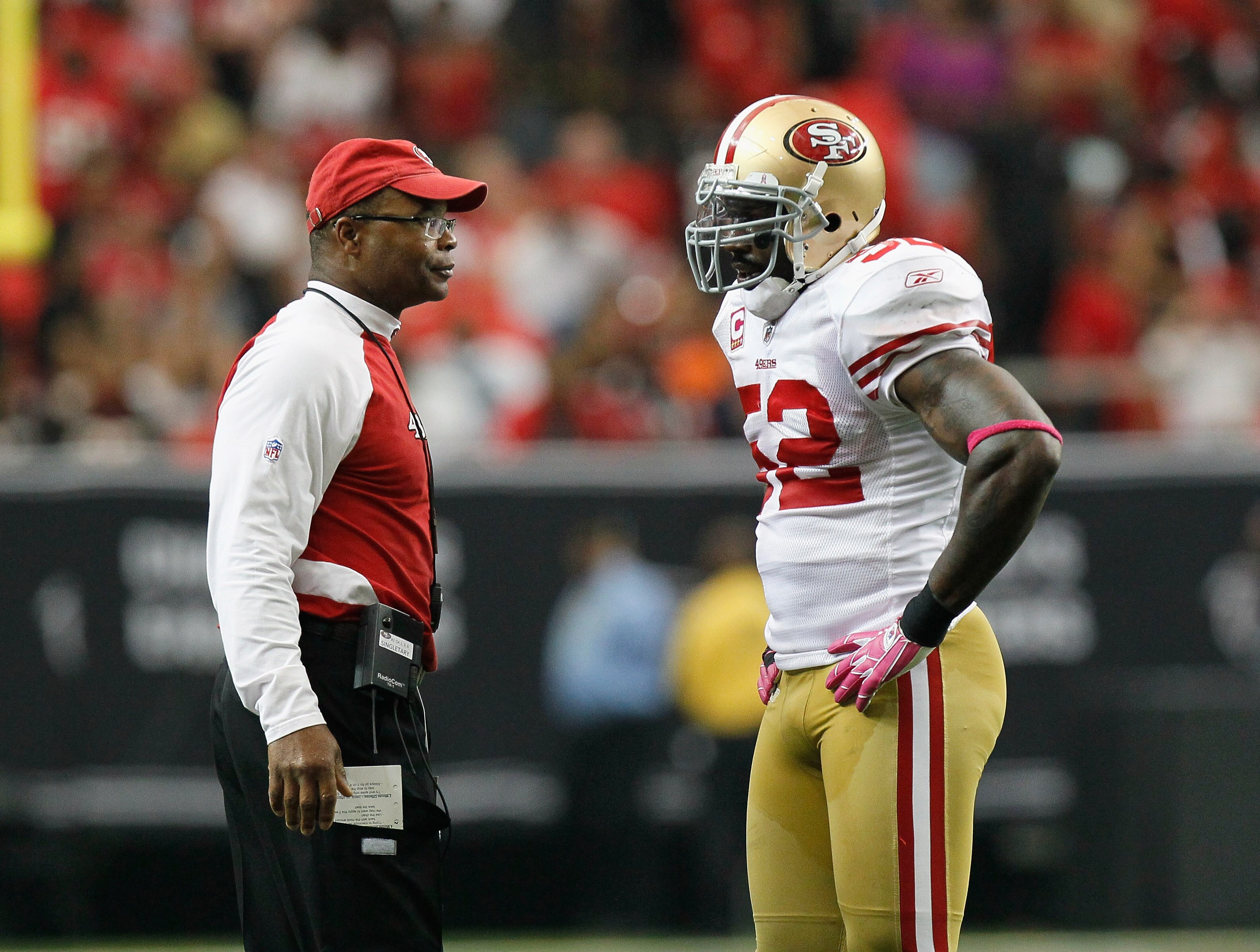 ATLANTA - OCTOBER 03:  Head coach Mike Singletary and Patrick Willis #52 of the San Francisco 49ers against the Atlanta Falcons at Georgia Dome on October 3, 2010 in Atlanta, Georgia.  (Photo by Kevin C. Cox/Getty Images)