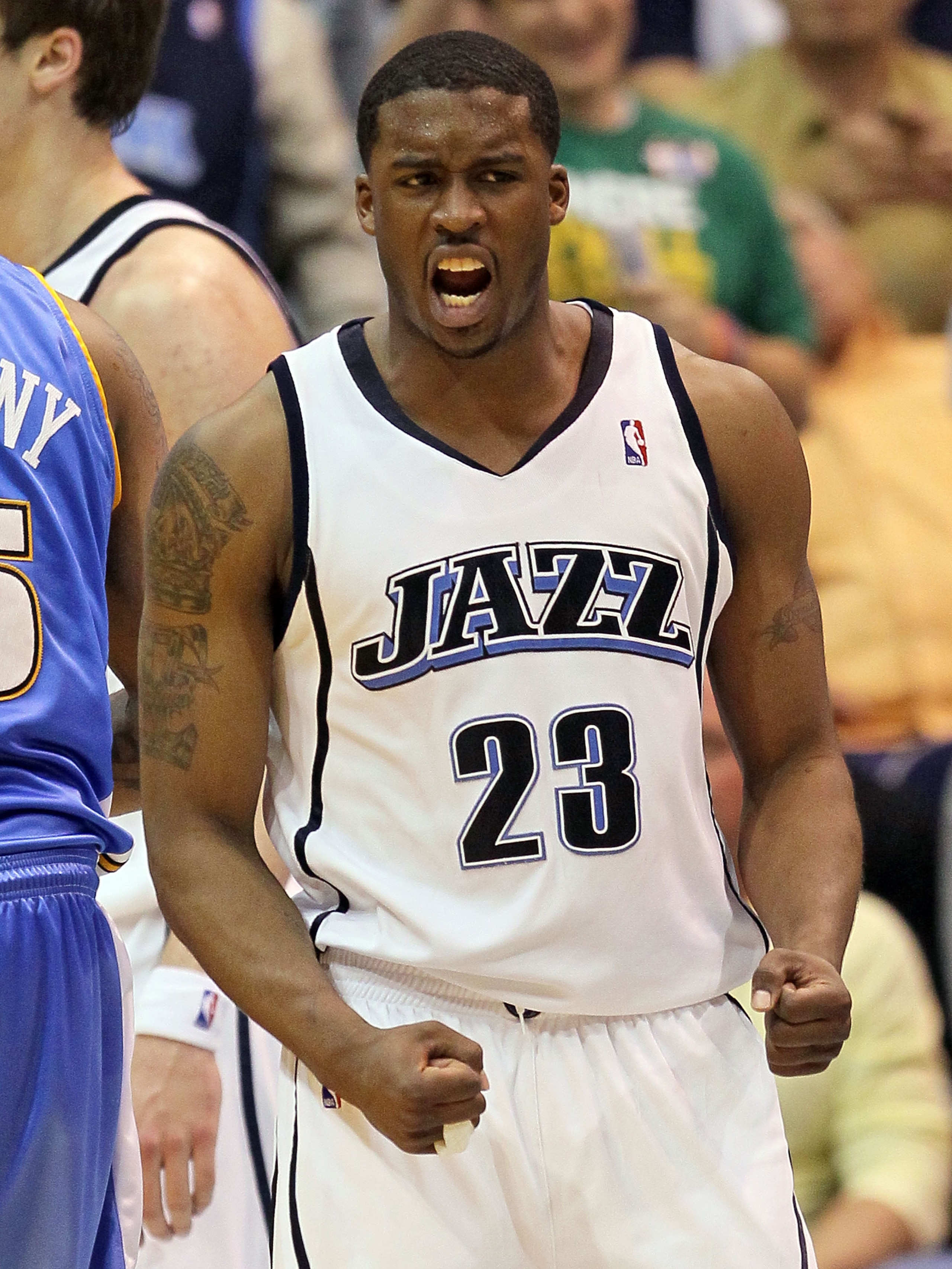 SALT LAKE CITY - APRIL 25: Wesley Matthews #23 of the Utah Jazz celebrates against the Denver Nuggets during Game Four of the Western Conference Quarterfinals of the 2010 NBA Playoffs at EnergySolutions Arena on April 25, 2010 in Salt Lake City, Utah.The