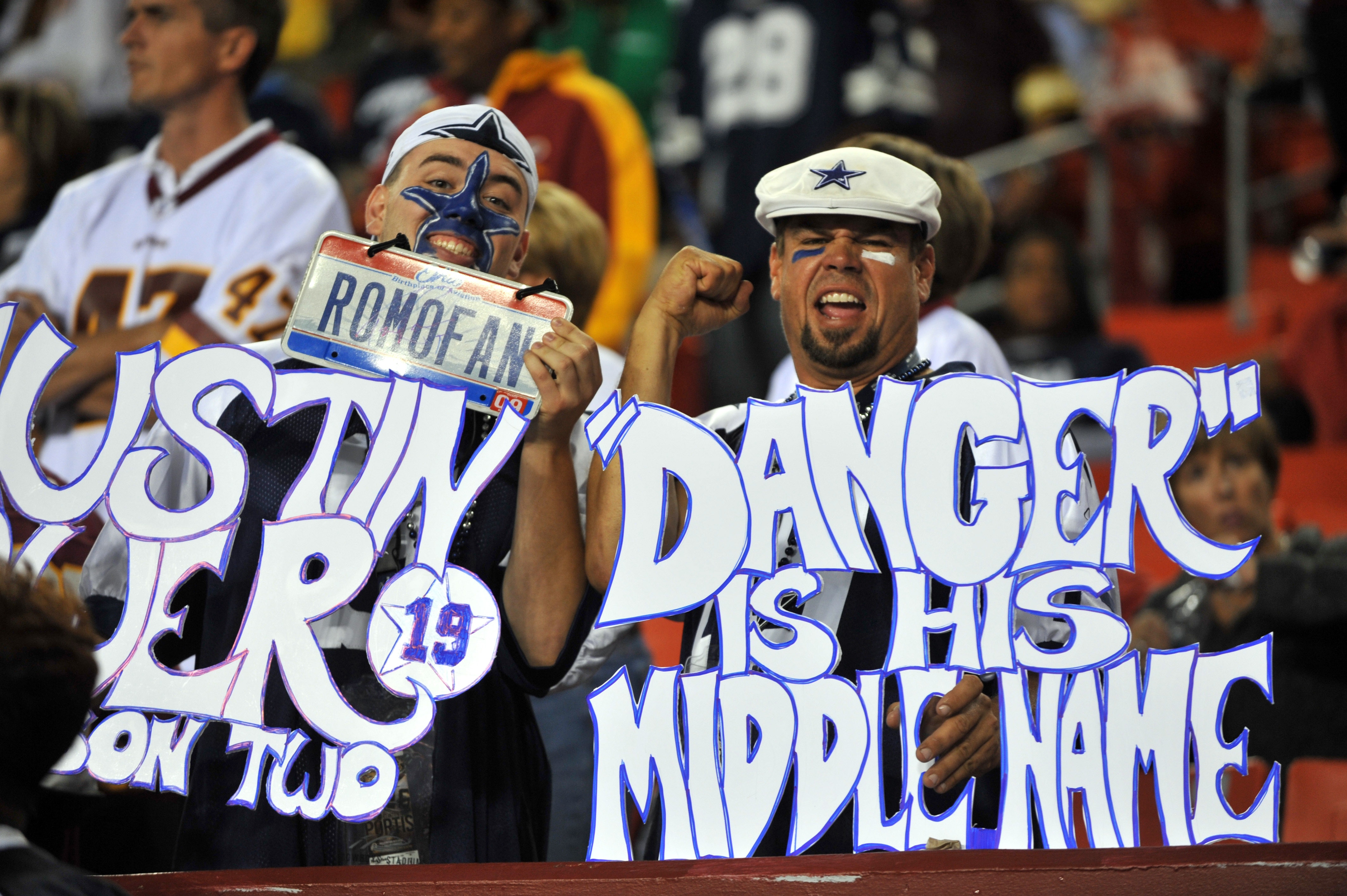 LANDOVER - SEPTEMBER 12:  Fans of the Dallas Cowboys cheer during the NFL season opener against the Washington Redskins at FedExField on September 12, 2010 in Landover, Maryland. The Redskins defeated the Cowboys 13-7. (Photo by Larry French/Getty Images)
