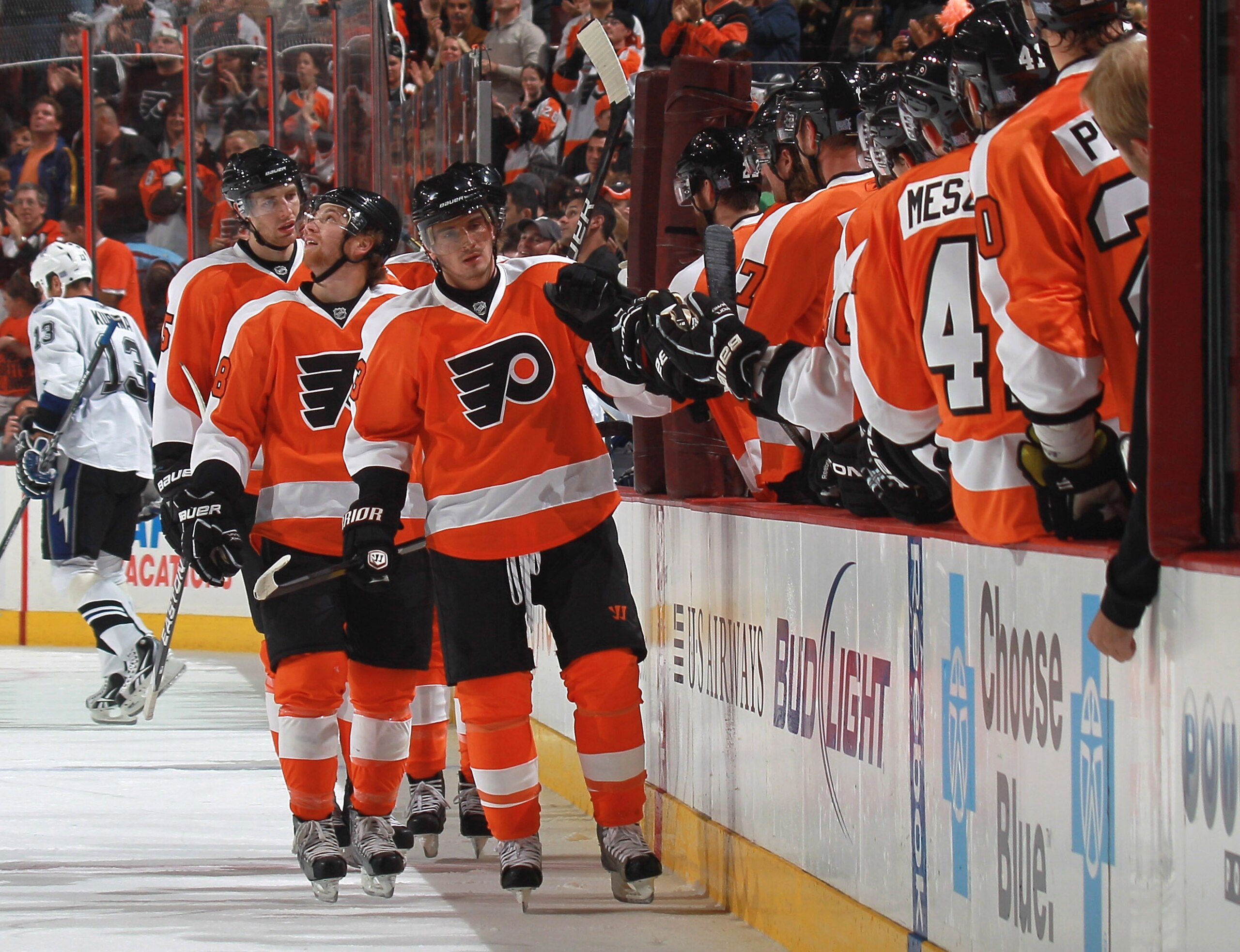 PHILADELPHIA - OCTOBER 14: Nikolai Zherdev #93 of the Philadelphia Flyers scores his first goal as a Flyers in first period action against the Tampa Bay Lightningat the Wells Fargo Center on October 14, 2010 in Philadelphia, Pennsylvania. (Photo by Bruce