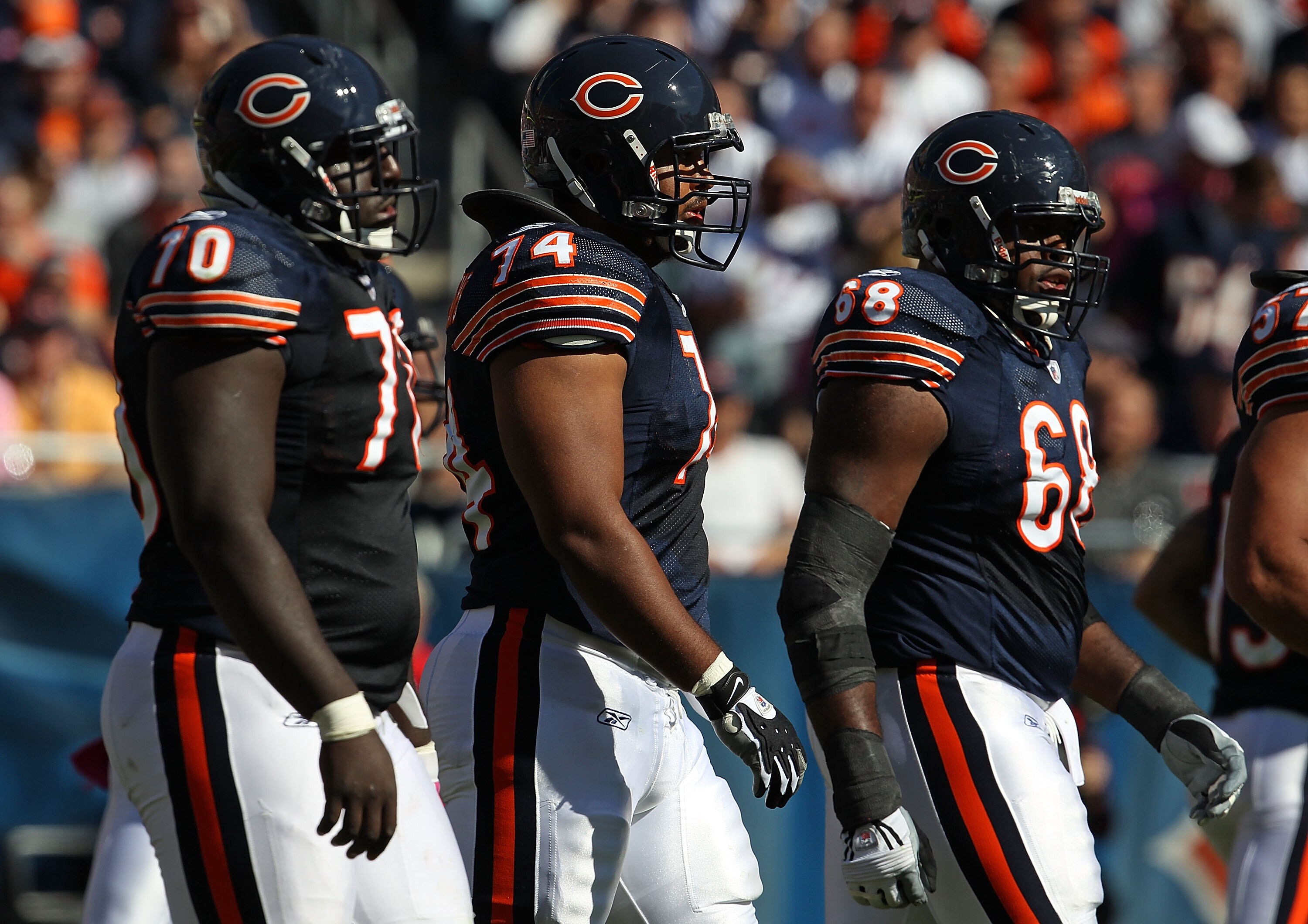 CHICAGO - OCTOBER 17: (L-R) Edwin Williams #70, Chris Williams #74 and Frank Omiyale #68 of the Chicago Bears walk up to the line of scrimmage against the Seattle Seahawks at Soldier Field on October 17, 2010 in Chicago, Illinois. The Seahawks defeated th