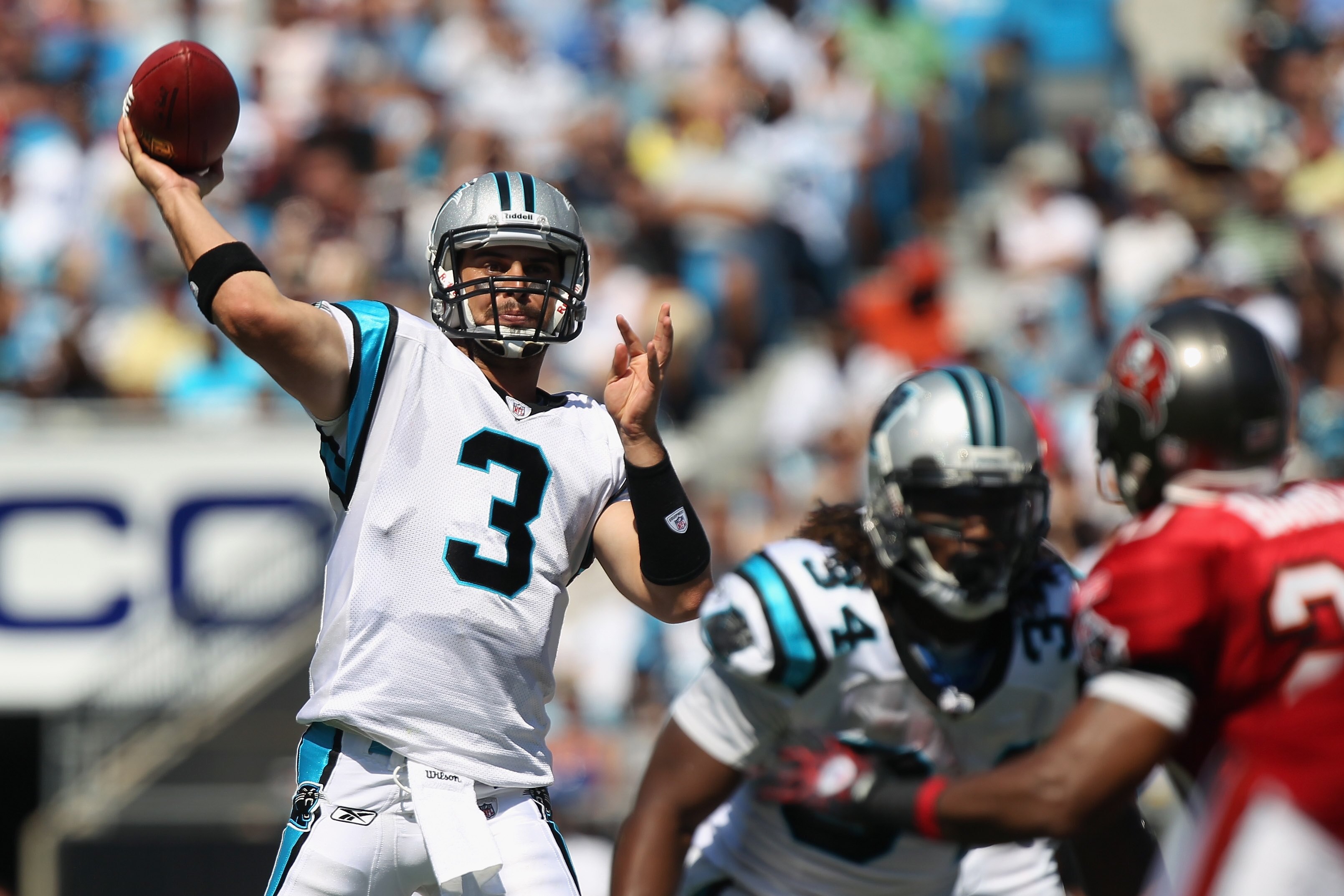 CHARLOTTE, NC - SEPTEMBER 19:  Matt Moore #3 of the Carolina Panthers drops back to throw a pass during their game against the Tampa Bay Buccaneers at Bank of America Stadium on September 19, 2010 in Charlotte, North Carolina.  (Photo by Streeter Lecka/Ge