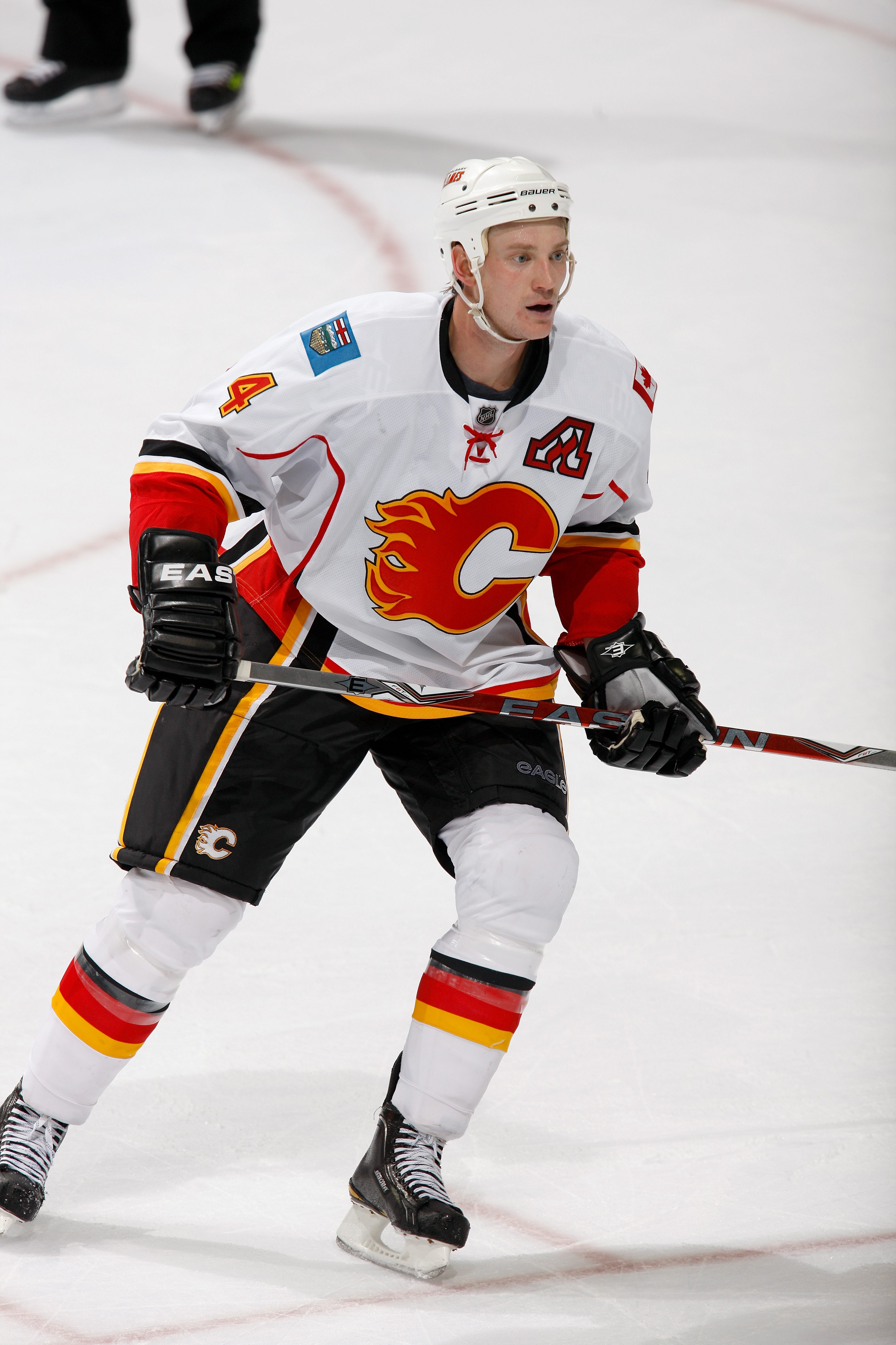 EDMONTON, CANADA - OCTOBER 1: Jay Bouwmeester #4 of the Calgary Flames skates against the Edmonton Oilers on October 1, 2010 at Rexall Place in Edmonton, Alberta, Canada. (Photo by Dale MacMillan/Getty Images)