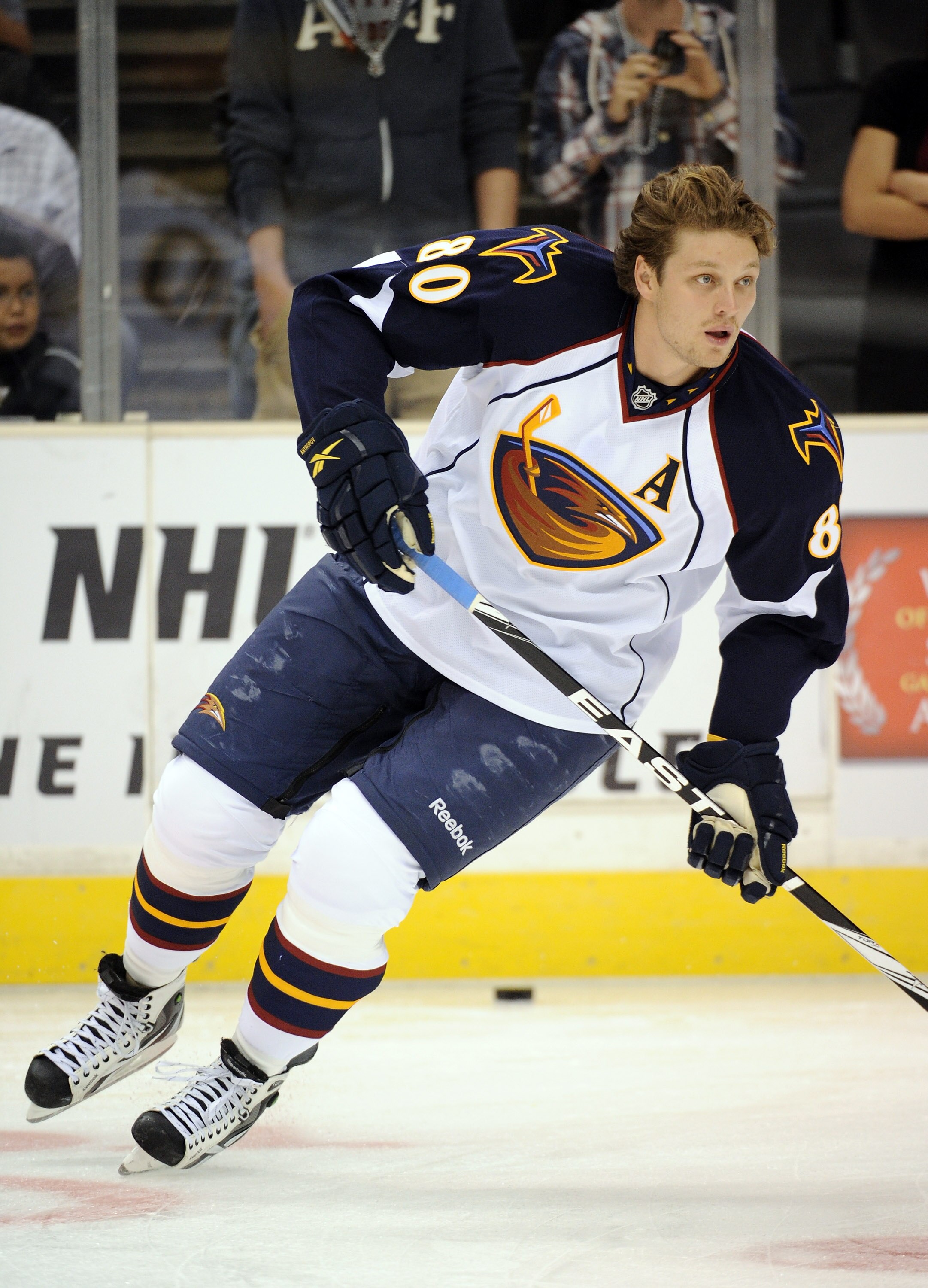LOS ANGELES, CA - OCTOBER 12:  Nik Antropov #80 of the Atlanta Thrashers warms up before the game against the Los Angeles Kings at the Staples Center on October 12, 2010 in Los Angeles, California.  (Photo by Harry How/Getty Images)