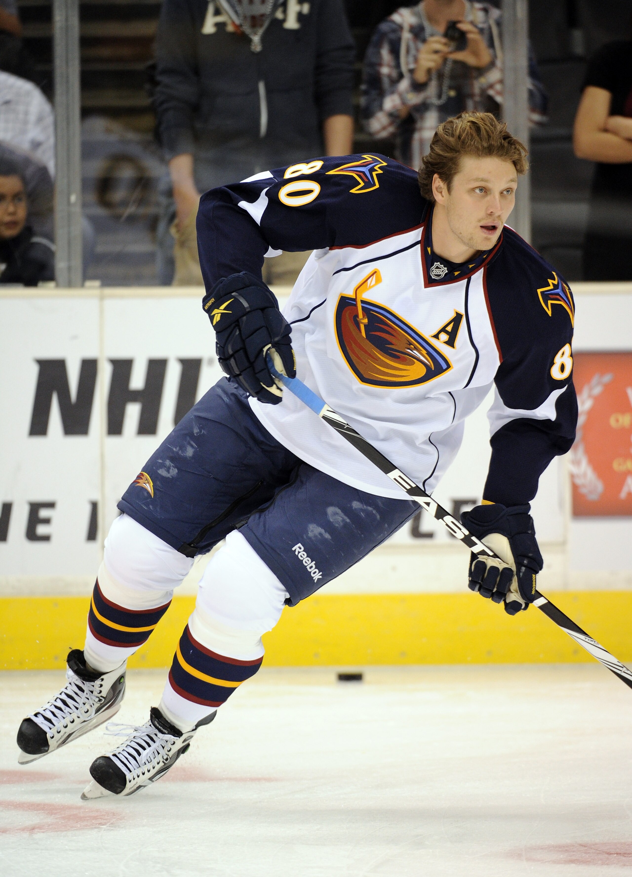 LOS ANGELES, CA - OCTOBER 12:  Nik Antropov #80 of the Atlanta Thrashers warms up before the game against the Los Angeles Kings at the Staples Center on October 12, 2010 in Los Angeles, California.  (Photo by Harry How/Getty Images)