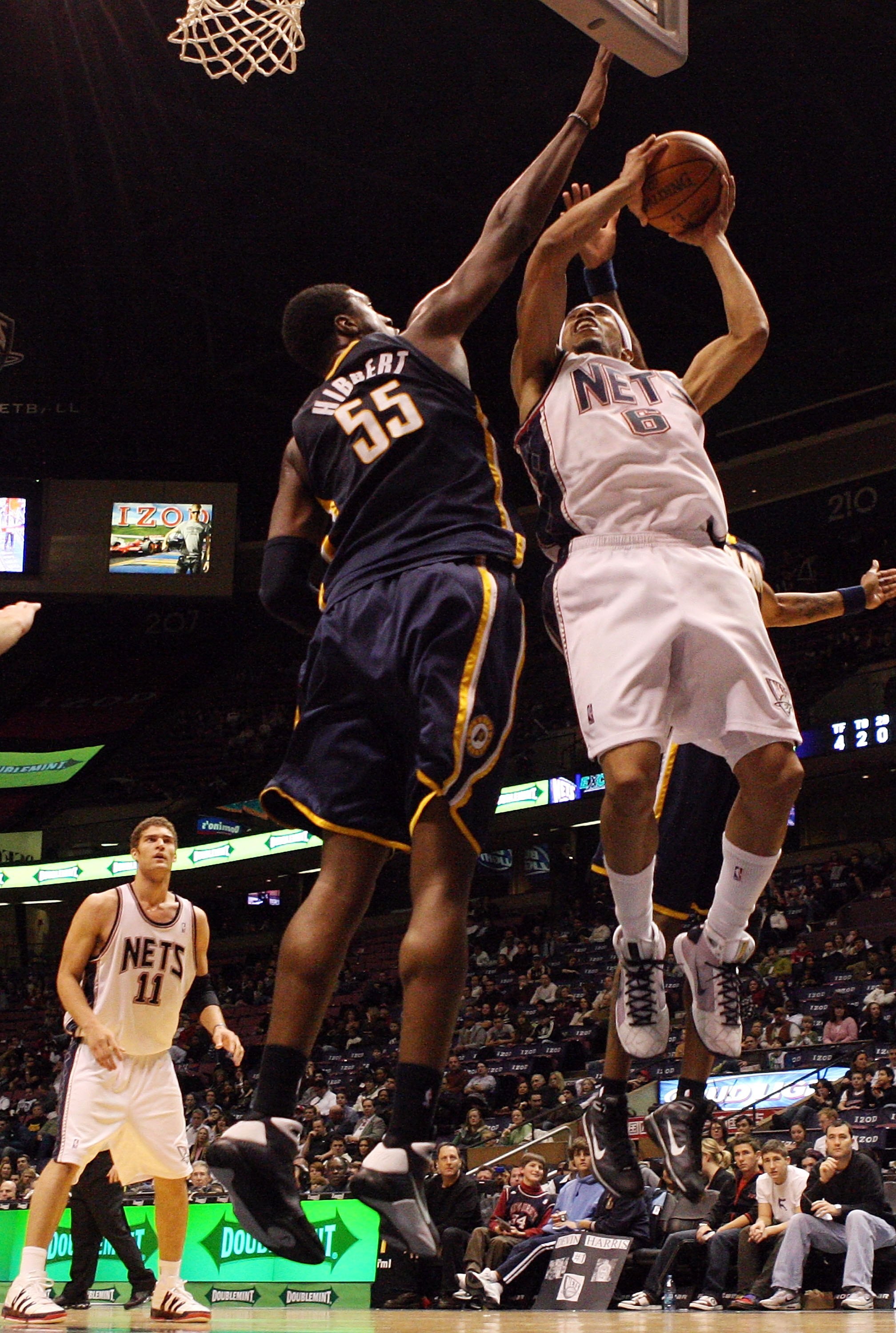 EAST RUTHERFORD, NJ - JANUARY 15:  Courtney Lee #6 of the New Jersey Nets has his shot blocked by Roy Hibbert #55 of the Indiana Pacers at the Izod Center on January 15, 2010 in East Rutherford, New Jersey. NOTE TO USER: User expressly acknowledges and ag
