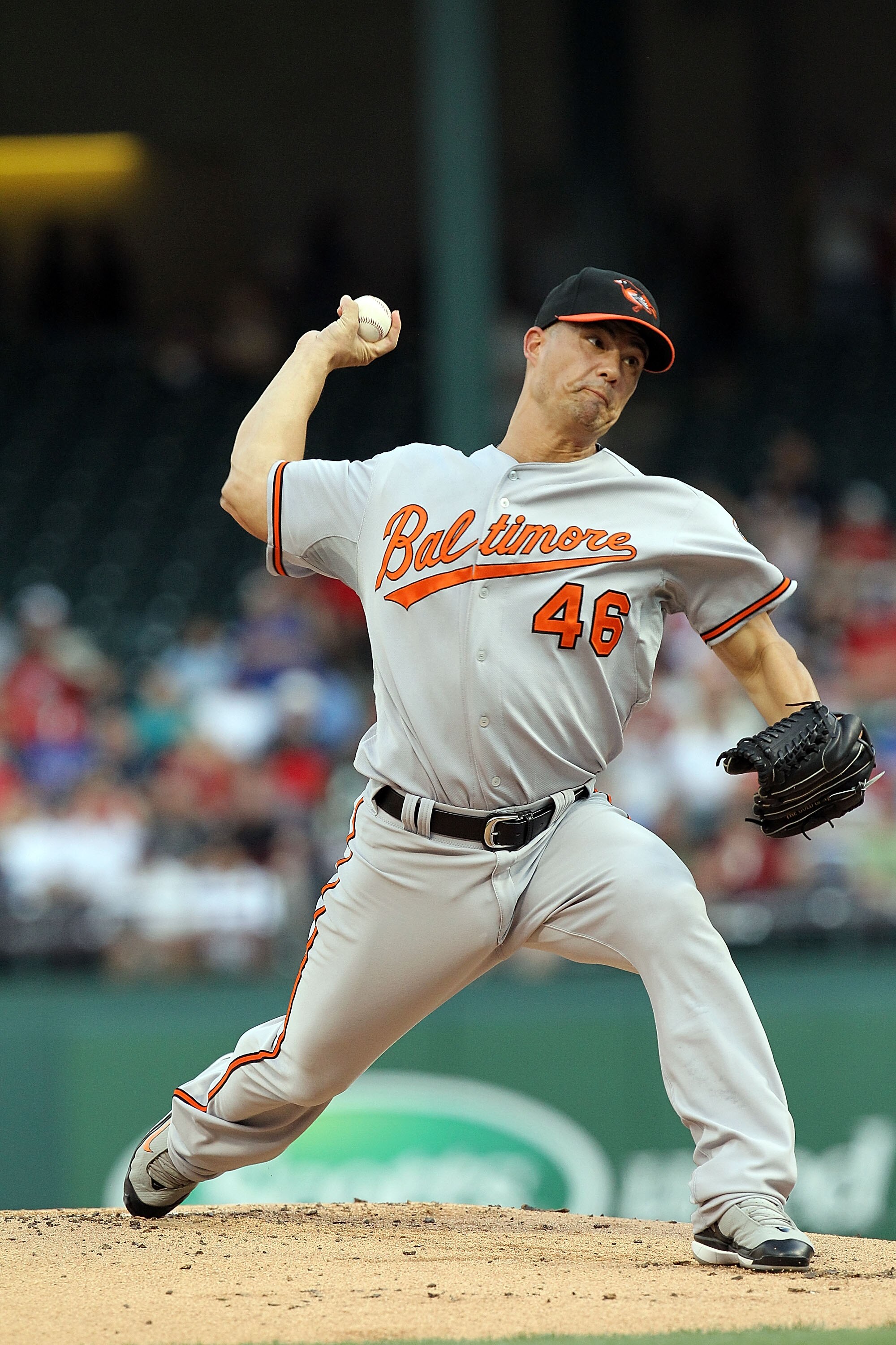 ARLINGTON, TX - MAY 19:  Pitcher Jeremy Guthrie #46 of the Baltimore Orioles throws against the Texas Rangers on May 19, 2010 at Rangers Ballpark in Arlington, Texas.  (Photo by Ronald Martinez/Getty Images)