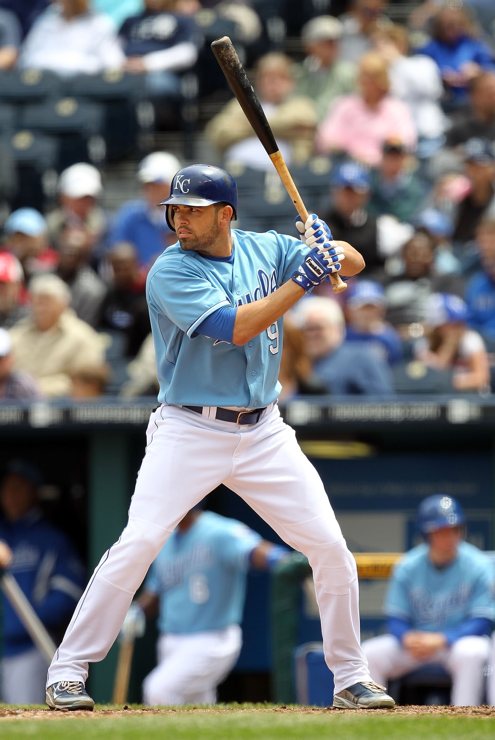 KANSAS CITY, MO - MAY 13:  David DeJesus #9 of the Kansas City Royals bats during the game against the Cleveland Indians on May 13, 2010 at Kauffman Stadium in Kansas City, Missouri.  (Photo by Jamie Squire/Getty Images)