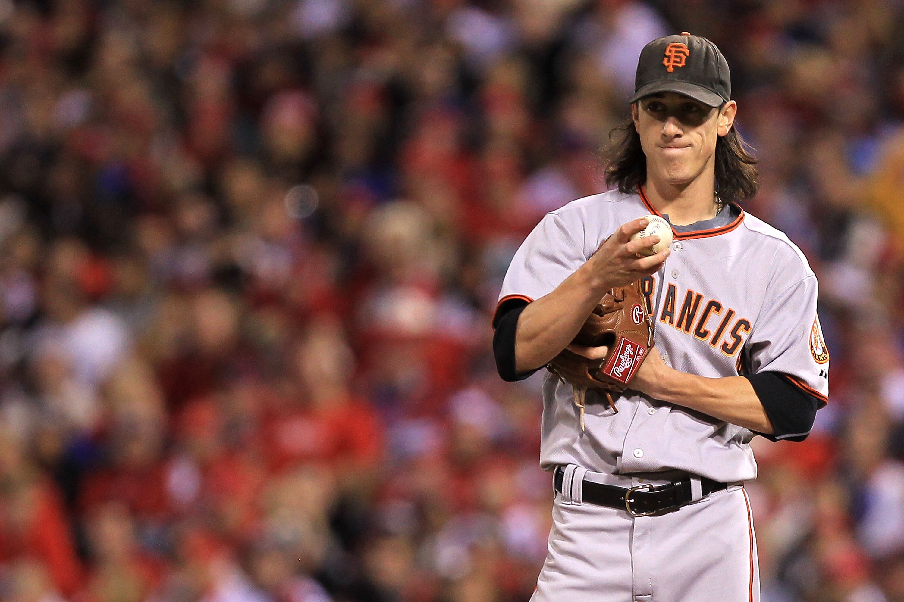 PHILADELPHIA - OCTOBER 16:  Pitcher Tim Lincecum #55 of the San Francisco Giants reacts against the Philadelphia Phillies in Game One of the NLCS during the 2010 MLB Playoffs at Citizens Bank Park on October 16, 2010 in Philadelphia, Pennsylvania.  (Photo
