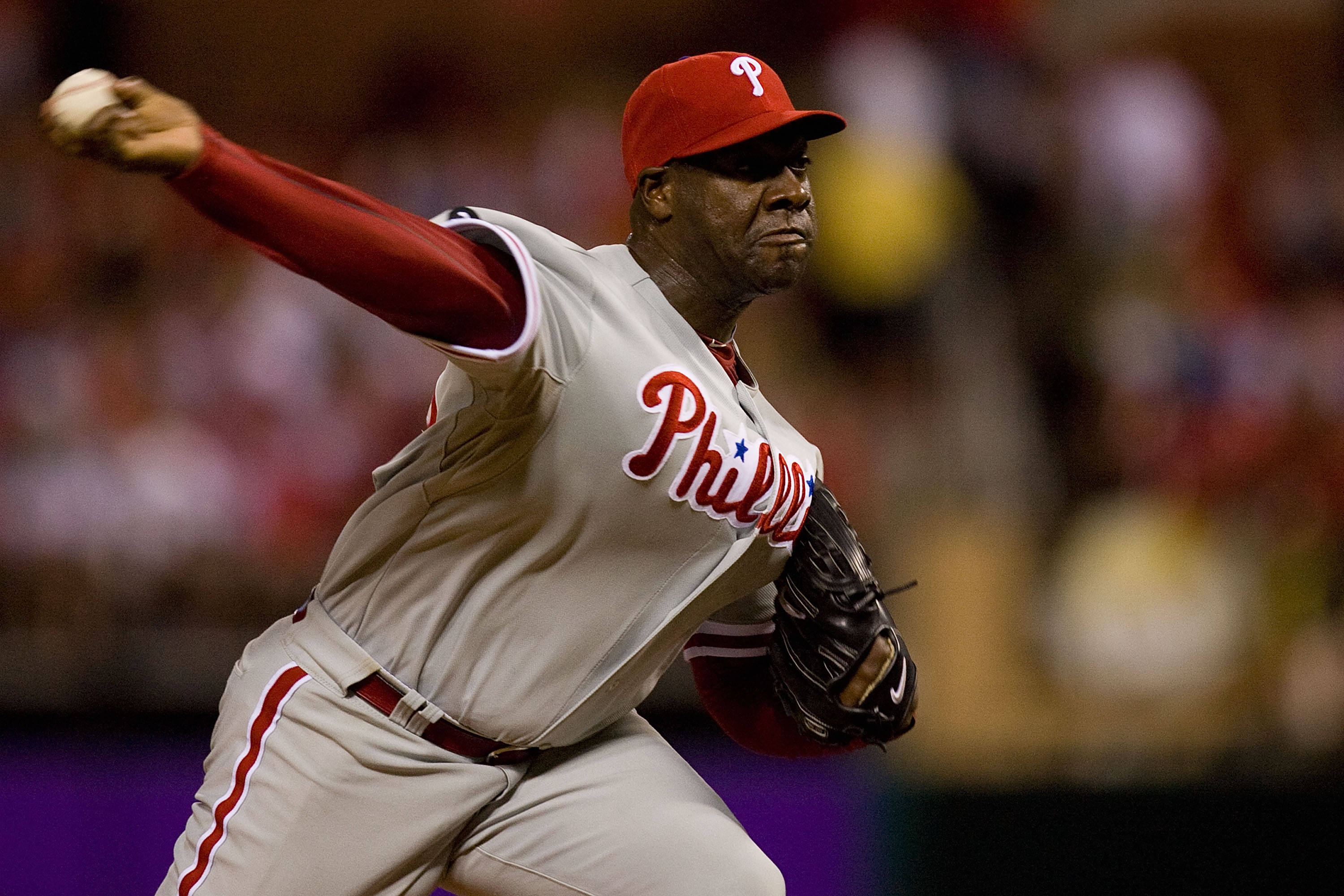 ST. LOUIS - JULY 20: Relief pitcher Jose Contreras #52 of the Philadelphia Phillies throws against the St. Louis Cardinals at Busch Stadium on July 20, 2010 in St. Louis, Missouri.  (Photo by Dilip Vishwanat/Getty Images)