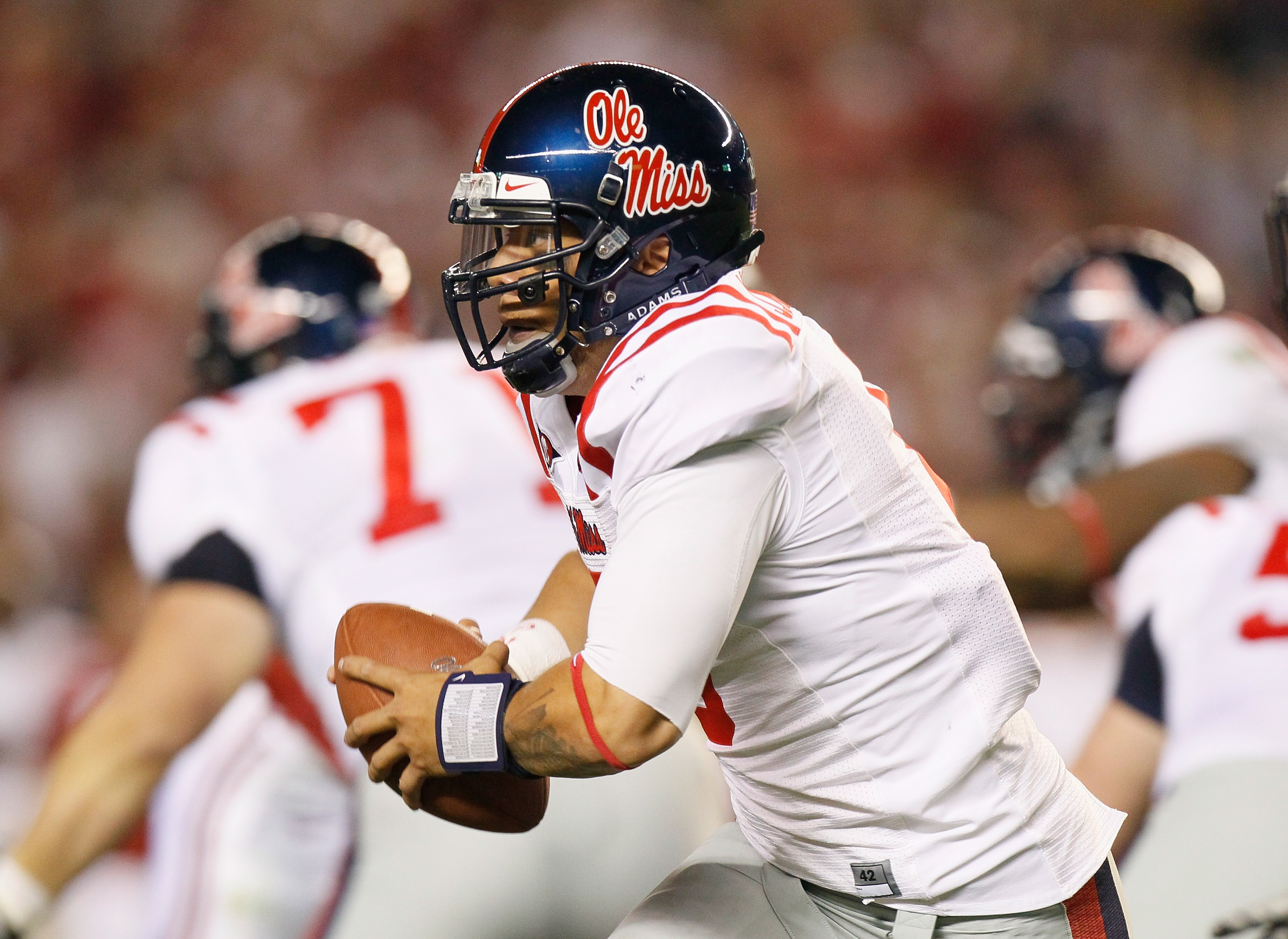 TUSCALOOSA, AL - OCTOBER 16:  Quarterback Jeremiah Masoli #8 of the Ole Miss Rebels rushes out of the pocket against the Alabama Crimson Tide at Bryant-Denny Stadium on October 16, 2010 in Tuscaloosa, Alabama.  (Photo by Kevin C. Cox/Getty Images)