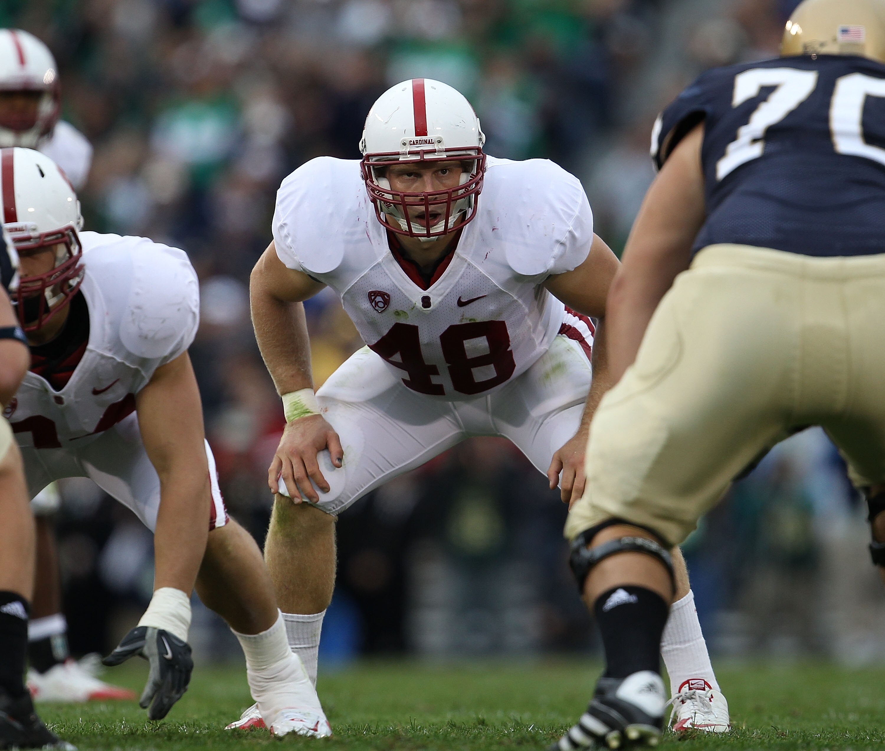 SOUTH BEND, IN - SEPTEMBER 25: Owen Marecic #48 of the Stanford Cardinal awaits the start of play on defense against the Notre Dame Fighting Irish at Notre Dame Stadium on September 25, 2010 in South Bend, Indiana. Stanford defeated Notre Dame 37-14. (Pho