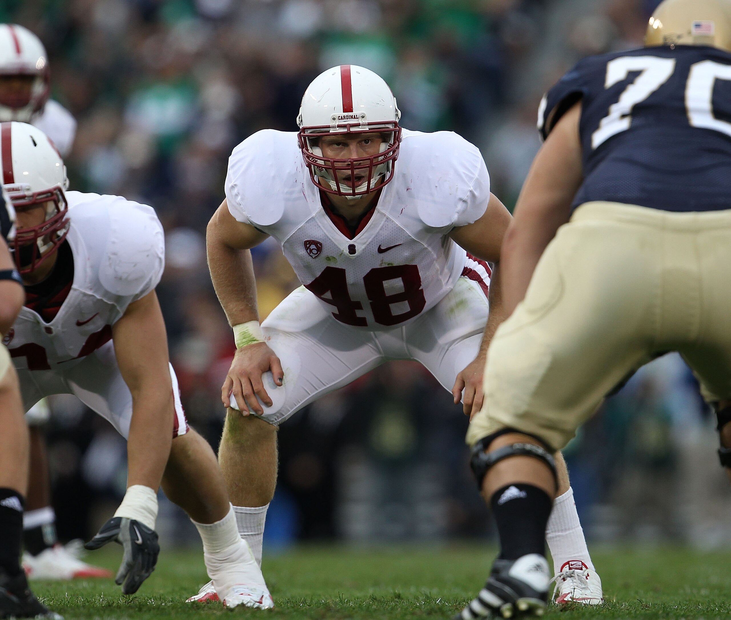 SOUTH BEND, IN - SEPTEMBER 25: Owen Marecic #48 of the Stanford Cardinal awaits the start of play on defense against the Notre Dame Fighting Irish at Notre Dame Stadium on September 25, 2010 in South Bend, Indiana. Stanford defeated Notre Dame 37-14. (Pho SOUTH BEND, IN - SEPTEMBER 25: Owen Marecic #48 of the Stanford Cardinal awaits the start of play on defense against the Notre Dame Fighting Irish at Notre Dame Stadium on September 25, 2010 in South Bend, Indiana. Stanford defeated Notre Dame 37-14. (Pho