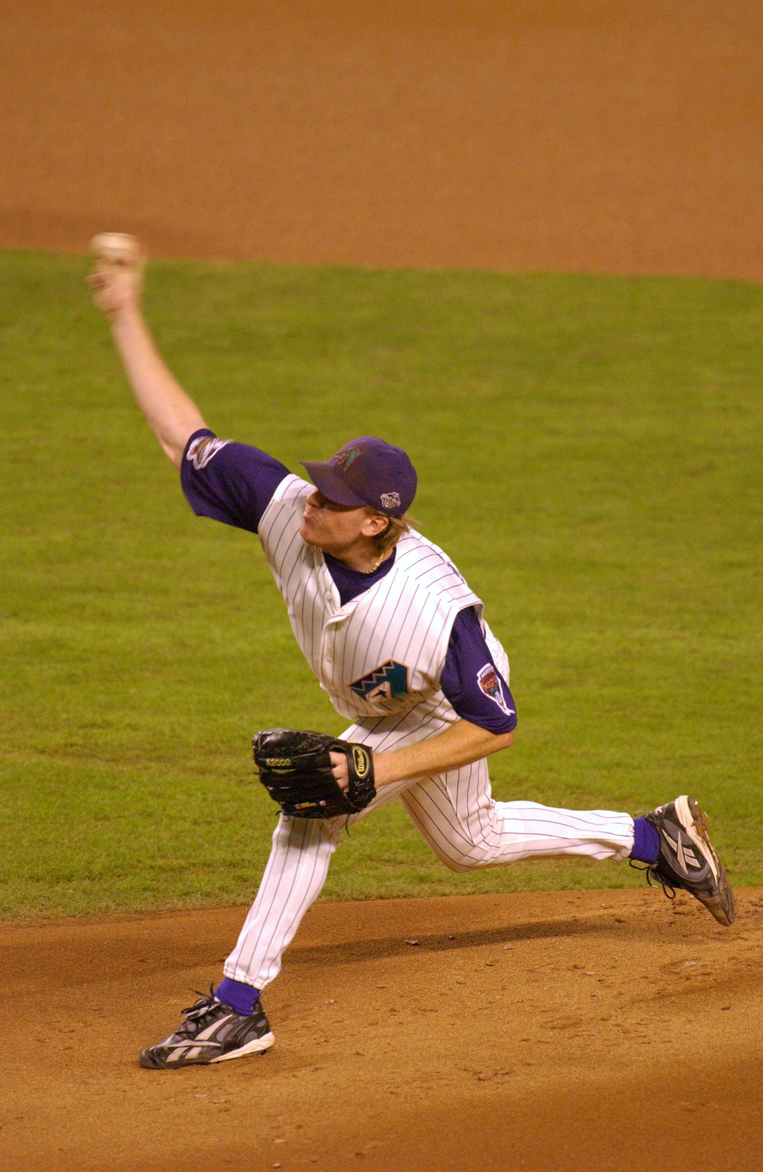4 Nov 2001:  Curt Schilling #38 of the Arizona Diamondbacks delivers against the New York Yankees during game seven of the Major League Baseball World Series at Bank One Ballpark in Phoenix, Arizona. The Diamondbacks won 3-2 to capture the World Series ti