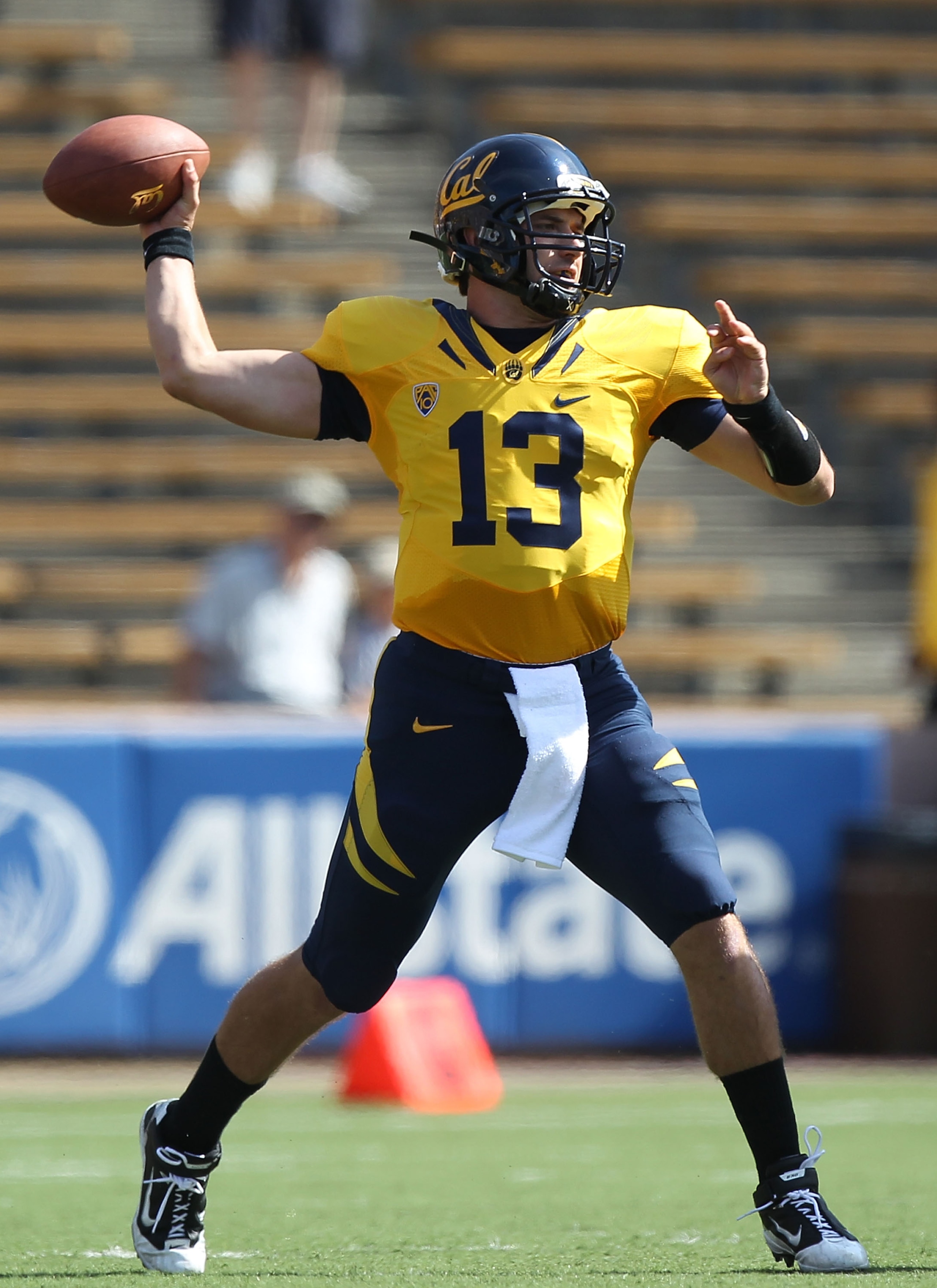 BERKELEY, CA - OCTOBER 09:  Kevin Riley #13 of the California Golden Bears passes against the UCLA Bruins at California Memorial Stadium on October 9, 2010 in Berkeley, California.  (Photo by Jed Jacobsohn/Getty Images)