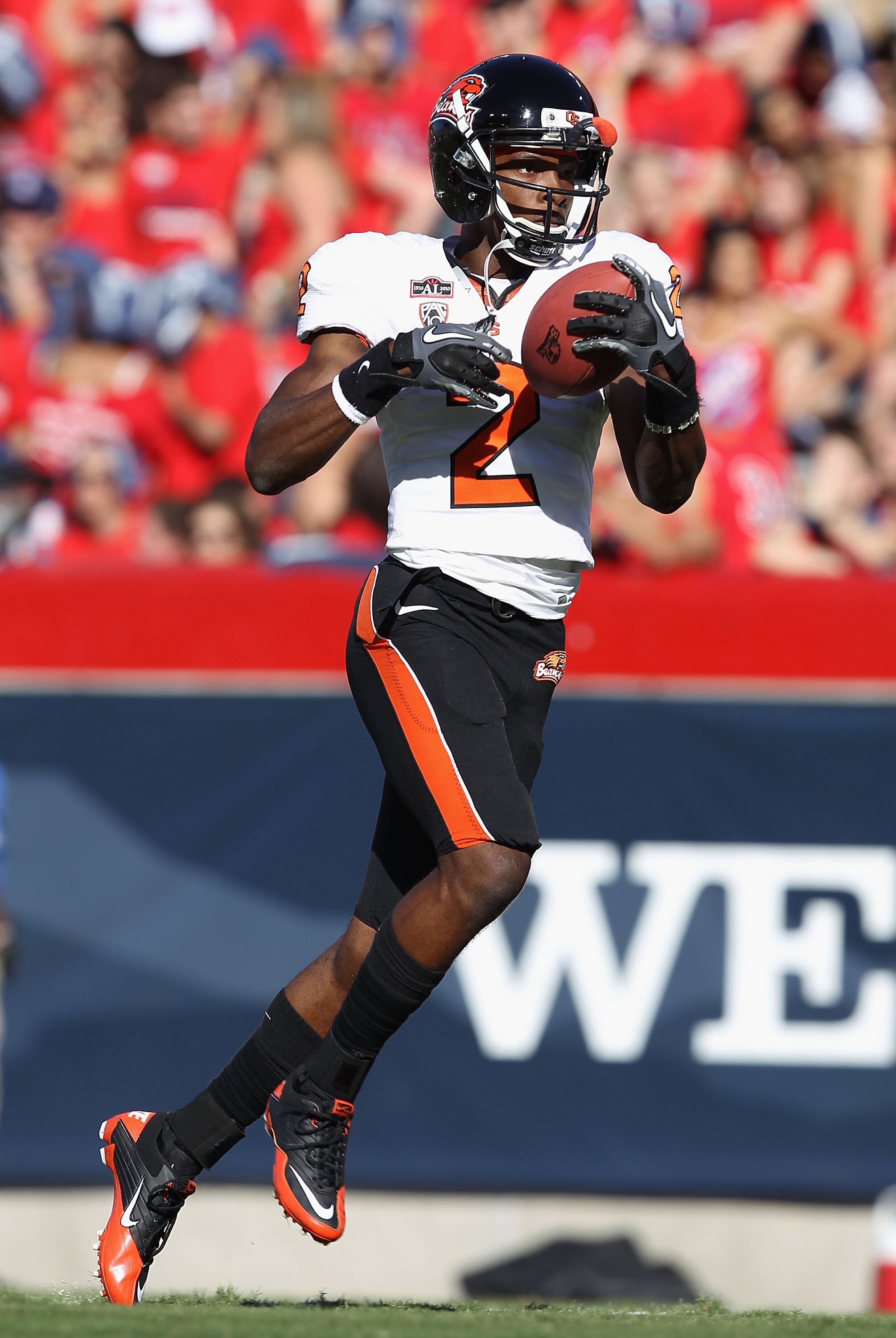 TUCSON, AZ - OCTOBER 09:  Wide receiver Markus Wheaton #2 of the Oregon State Beavers warms up before the college football game against the Arizona Wildcats at Arizona Stadium on October 9, 2010 in Tucson, Arizona. The Beavers defeated the Wildcats 29-27.