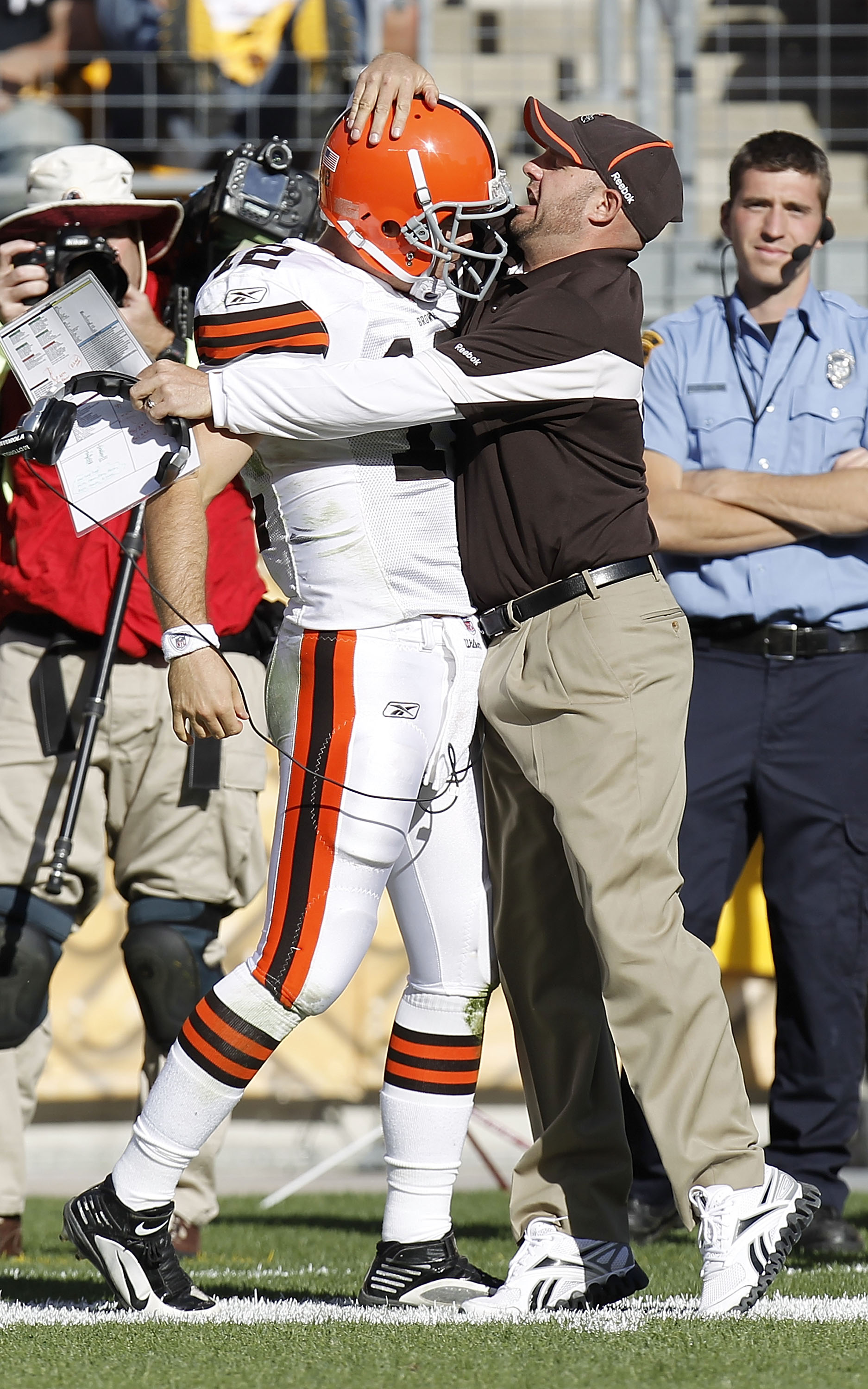 PITTSBURGH - OCTOBER 17: Colt McCoy #12 of the Cleveland Browns celebrates his first touchdown pass in the NFL with offensive coordinaton Brian Daboll while playing the Pittsburgh Steelers on October 17, 2010 at Heinz Field in Pittsburgh, Pennsylvania. P PITTSBURGH - OCTOBER 17: Colt McCoy #12 of the Cleveland Browns celebrates his first touchdown pass in the NFL with offensive coordinaton Brian Daboll while playing the Pittsburgh Steelers on October 17, 2010 at Heinz Field in Pittsburgh, Pennsylvania. P