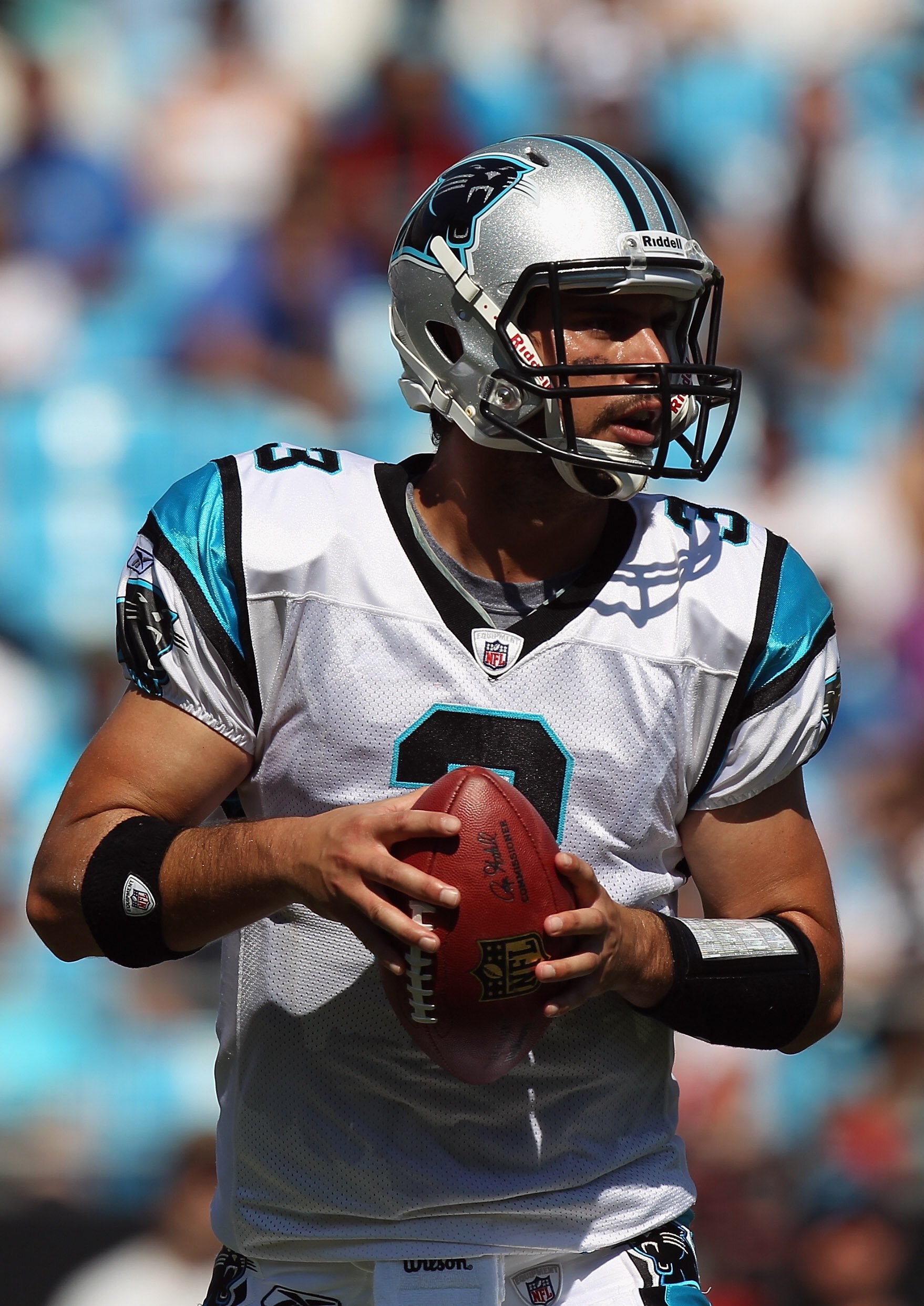 CHARLOTTE, NC - SEPTEMBER 19:  Matt Moore #3 of the Carolina Panthers drops back to throw a pass during their game against the Tampa Bay Buccaneers at Bank of America Stadium on September 19, 2010 in Charlotte, North Carolina.  (Photo by Streeter Lecka/Ge