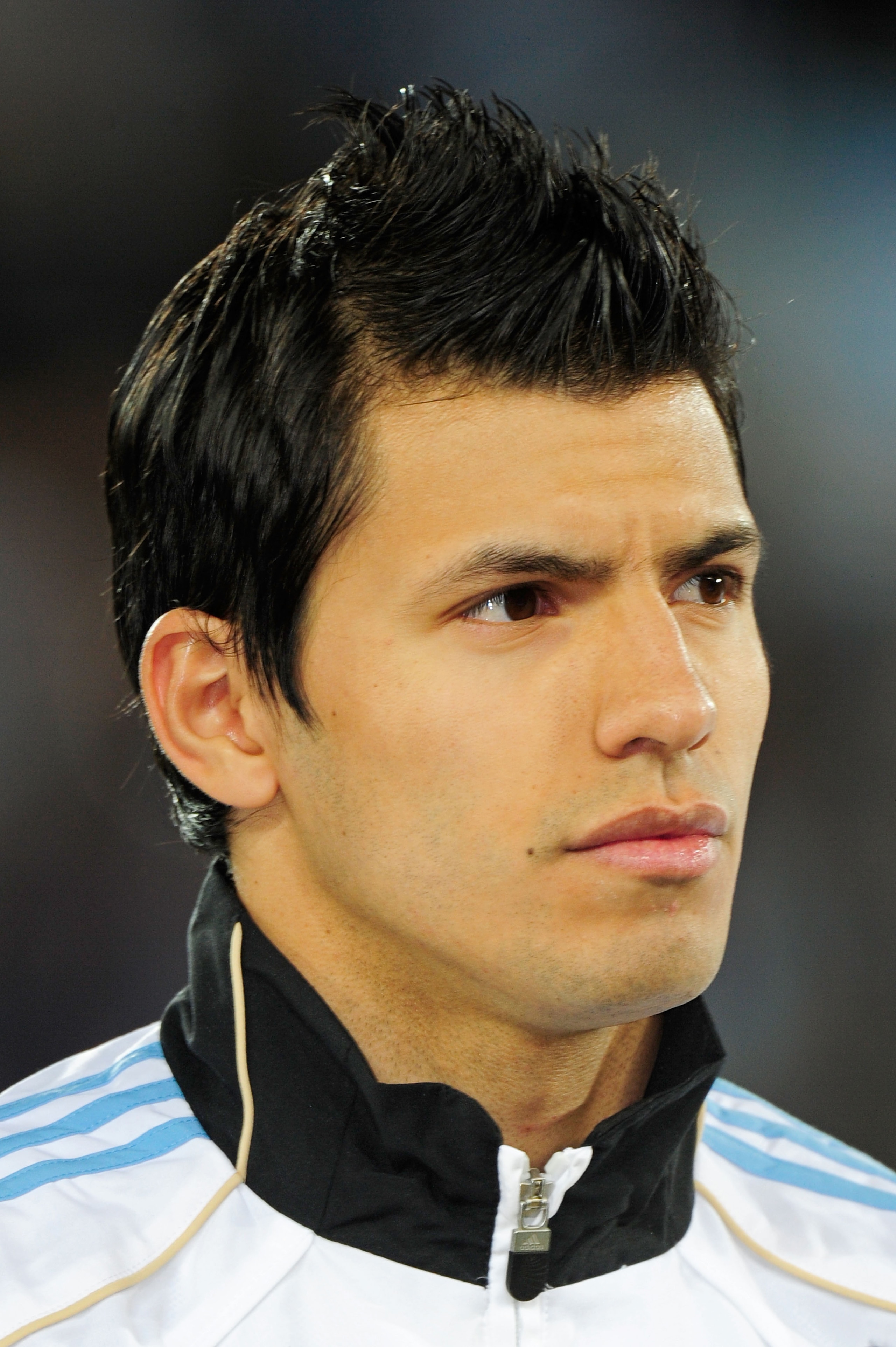 POLOKWANE, SOUTH AFRICA - JUNE 22:  Sergio Aguero of Argentina lines up for the national anthems prior to the 2010 FIFA World Cup South Africa Group B match between Greece and Argentina at Peter Mokaba Stadium on June 22, 2010 in Polokwane, South Africa.