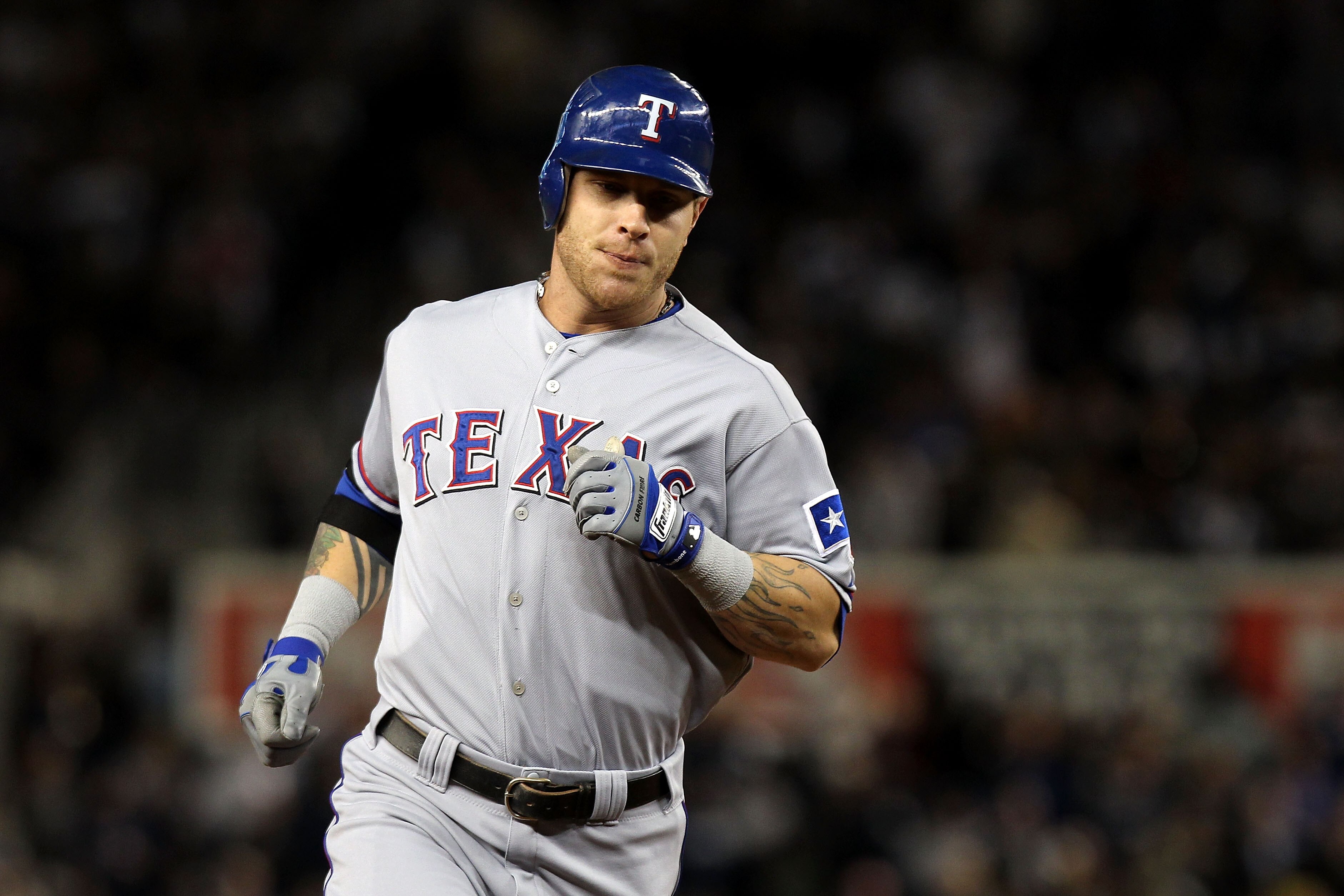 NEW YORK - OCTOBER 18:  Josh Hamilton #32 of the Texas Rangers runs the bases on his 2-run home run in the top of the first inning against the New York Yankees  in Game Three of the ALCS during the 2010 MLB Playoffs at Yankee Stadium on October 18, 2010 i