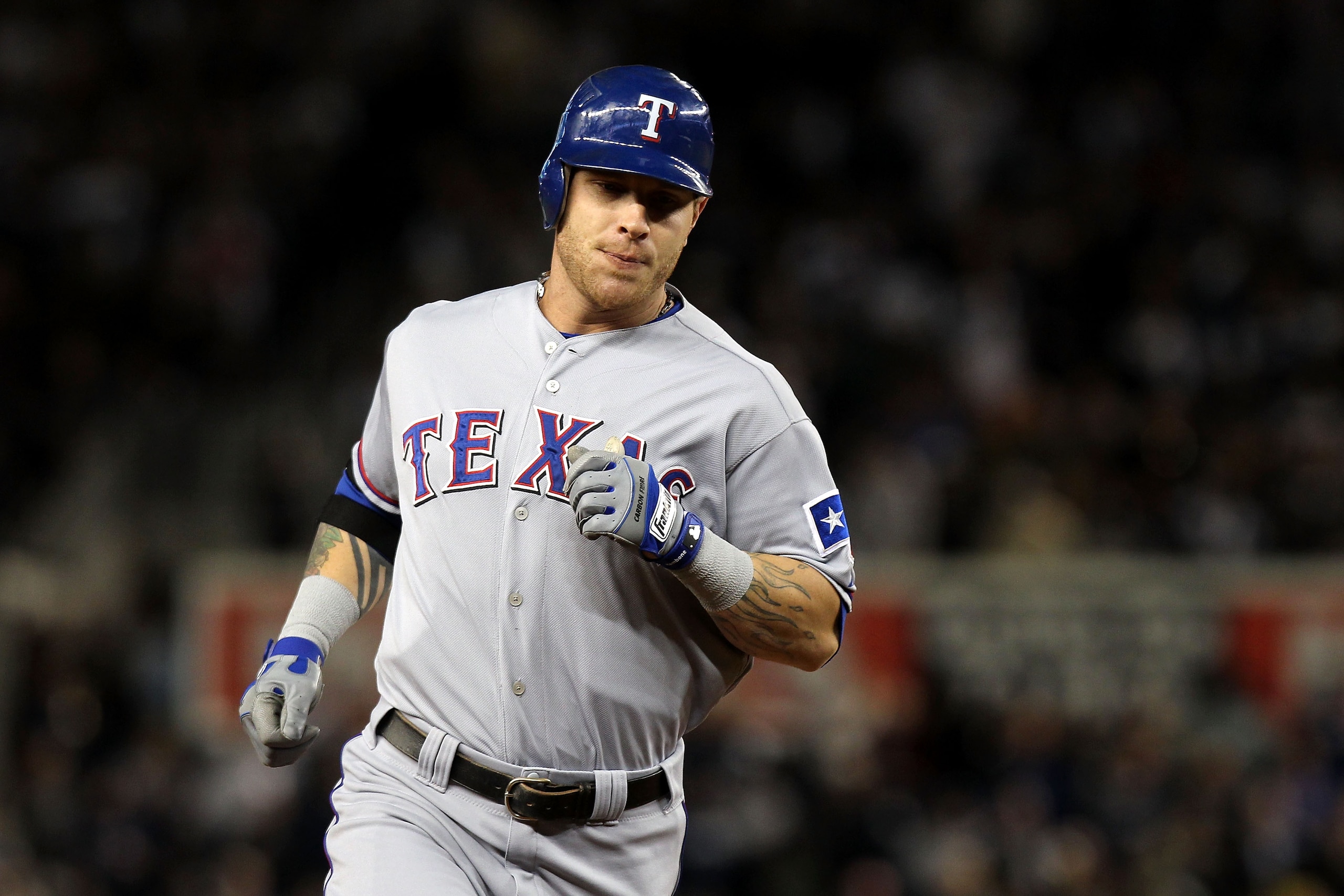 NEW YORK - OCTOBER 18: Josh Hamilton #32 of the Texas Rangers runs the bases on his 2-run home run in the top of the first inning against the New York Yankees in Game Three of the ALCS during the 2010 MLB Playoffs at Yankee Stadium on October 18, 2010 i NEW YORK - OCTOBER 18: Josh Hamilton #32 of the Texas Rangers runs the bases on his 2-run home run in the top of the first inning against the New York Yankees in Game Three of the ALCS during the 2010 MLB Playoffs at Yankee Stadium on October 18, 2010 i