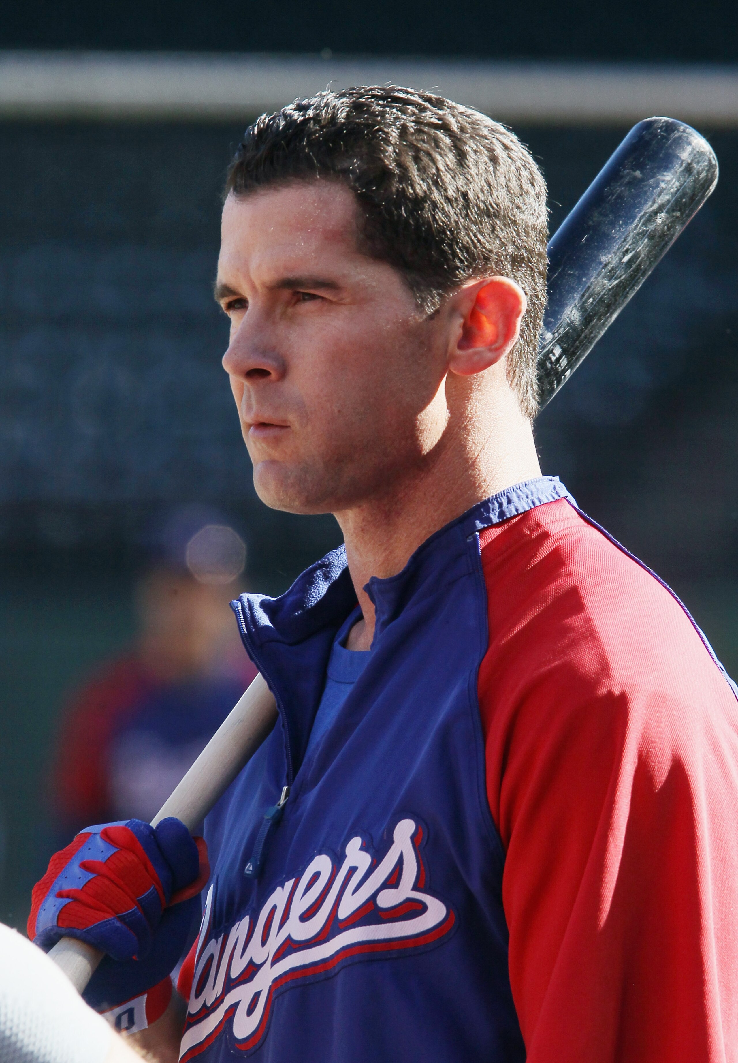 ARLINGTON, TX - OCTOBER 14: Michael Young #10 of the Texas Rangers looks on during their workout session on October 14, 2010 at the Rangers Ballpark in Arlington in Arlington, Texas. (Photo by Elsa/Getty Images) ARLINGTON, TX - OCTOBER 14: Michael Young #10 of the Texas Rangers looks on during their workout session on October 14, 2010 at the Rangers Ballpark in Arlington in Arlington, Texas. (Photo by Elsa/Getty Images)