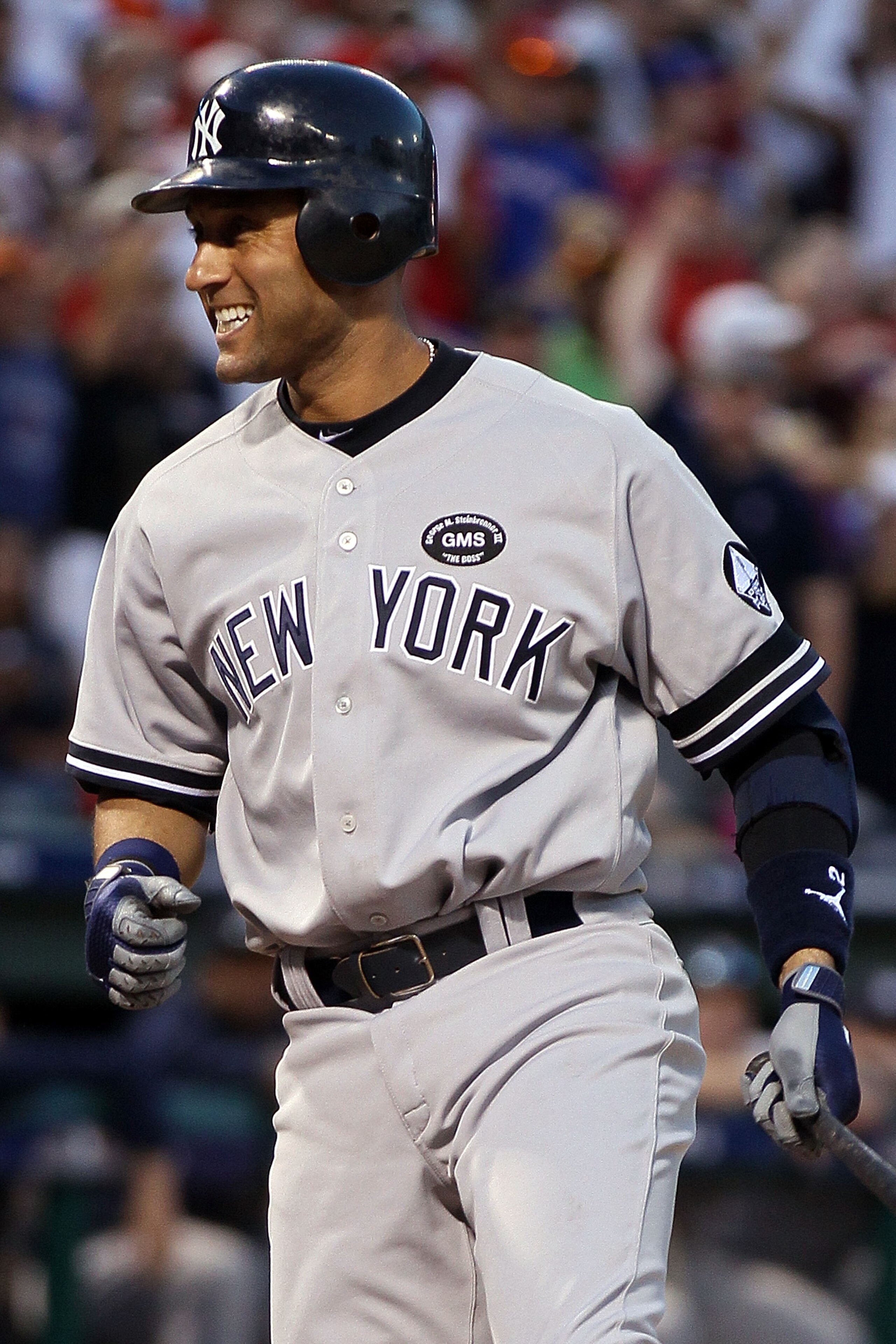 ARLINGTON, TX - OCTOBER 16: Derek Jeter #2 of the New York Yankees reacts against the Texas Rangers in Game Two of the ALCS during the 2010 MLB Playoffs at Rangers Ballpark in Arlington on October 16, 2010 in Arlington, Texas. (Photo by Elsa/Getty Image ARLINGTON, TX - OCTOBER 16: Derek Jeter #2 of the New York Yankees reacts against the Texas Rangers in Game Two of the ALCS during the 2010 MLB Playoffs at Rangers Ballpark in Arlington on October 16, 2010 in Arlington, Texas. (Photo by Elsa/Getty Image