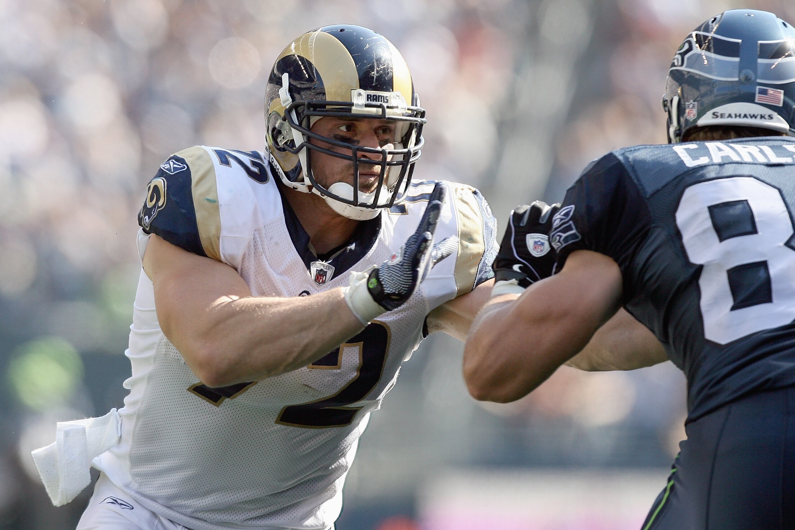 SEATTLE, WA - SEPTEMBER 13:  Chris Long #72 of the St. Louis Rams moves on the field during the game against the Seattle Seahawks on September 13, 2009 at Qwest Field in Seattle, Washington. The Seahawks defeated the Rams 28-0. (Photo by Otto Greule Jr/Ge