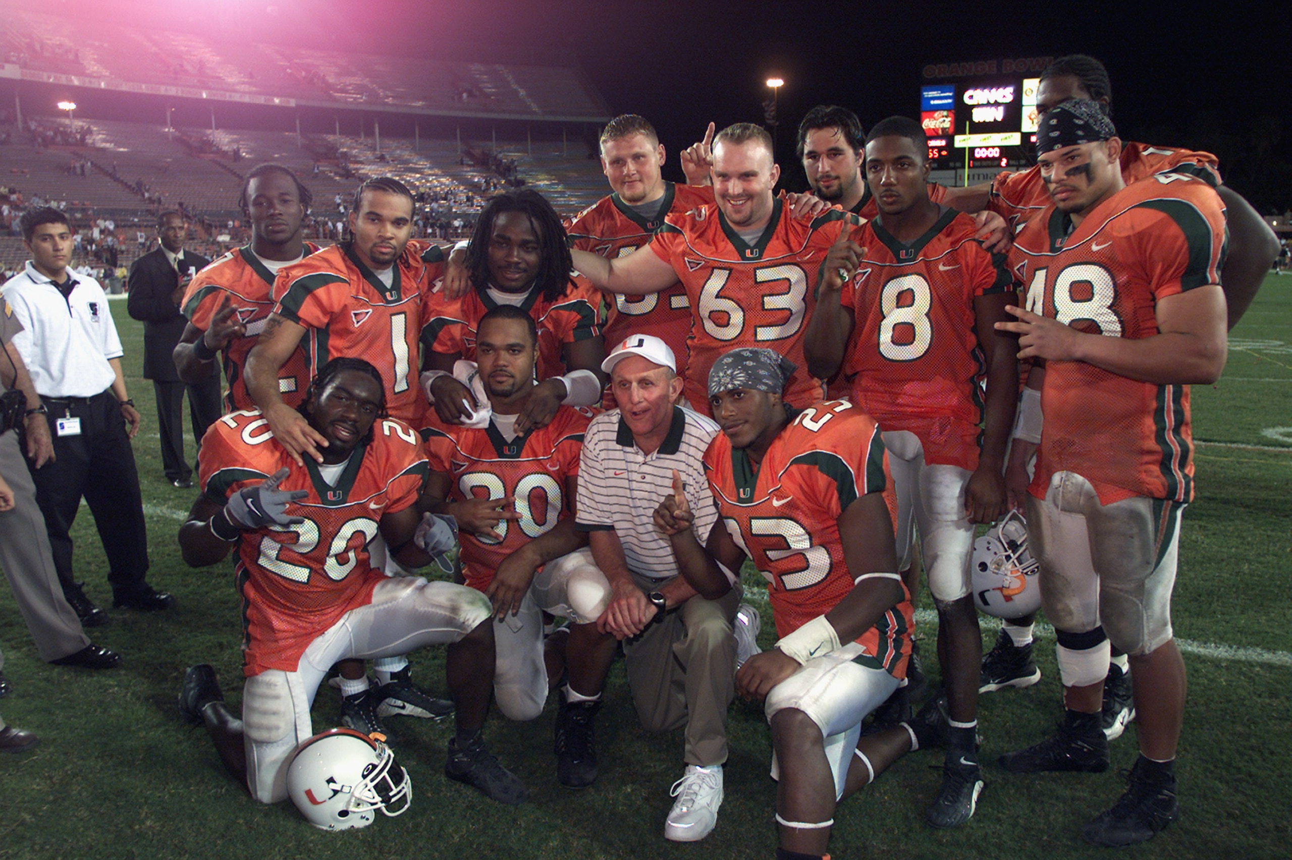 MIAMI - NOVEMBER 24:  Head Coach Larry Coker of the Miami Hurricanes is surrounded by his team as they pose for a photo after the game against the Washington Huskies at the Orange Bowl in Miami, Florida on November 24, 2001.  Miami crushed Washington 65-7