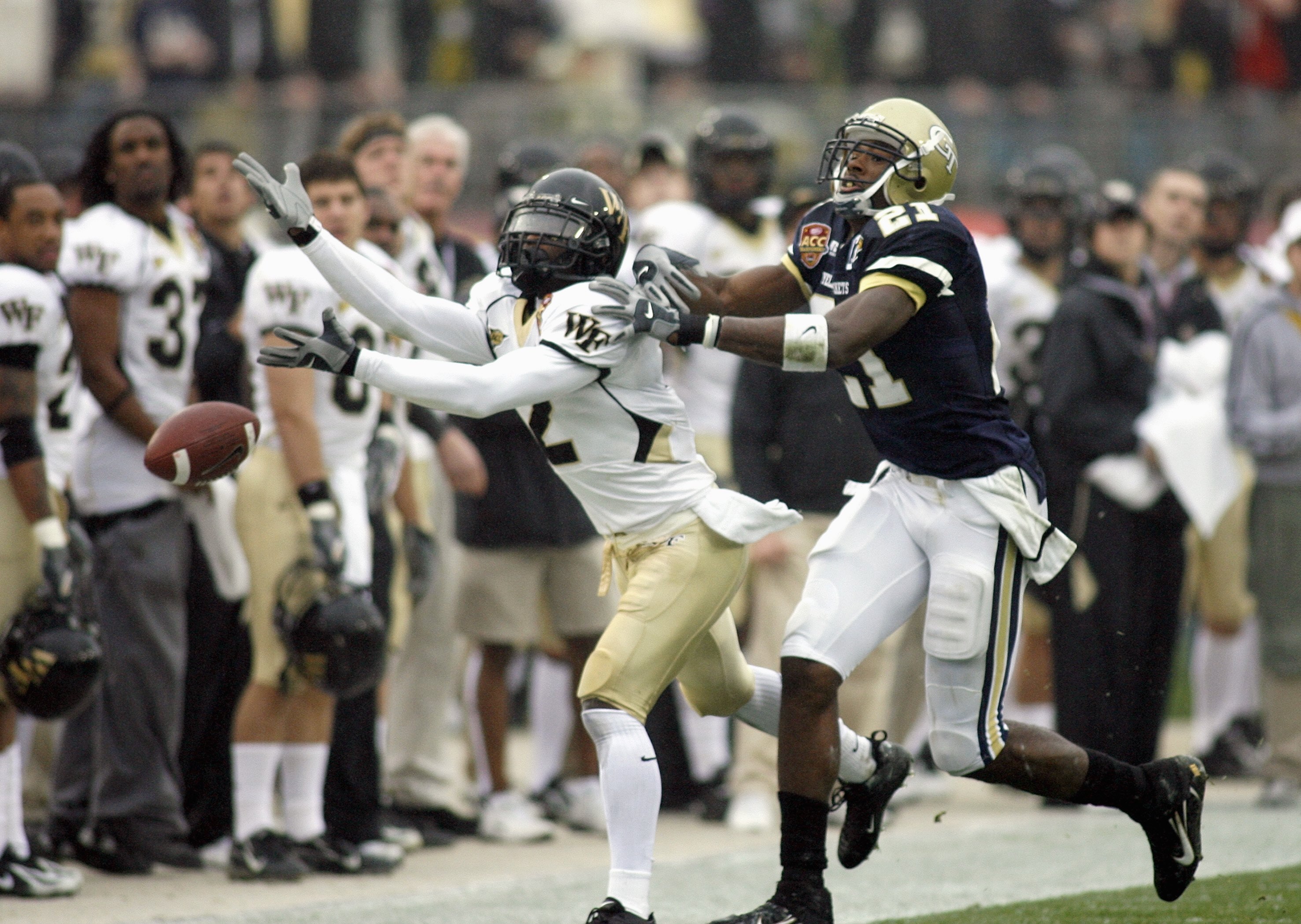 JACKSONVILLE, FL - DECEMBER 2:  Alphonso Smith #2 of the Wake Forest Demon Deacons moves for the reception against Calvin Johnson #21 of the Georgia Tech Yellow Jackets during the Atlantic Coast Conference Championship at Alltel Stadium on December 2, 200
