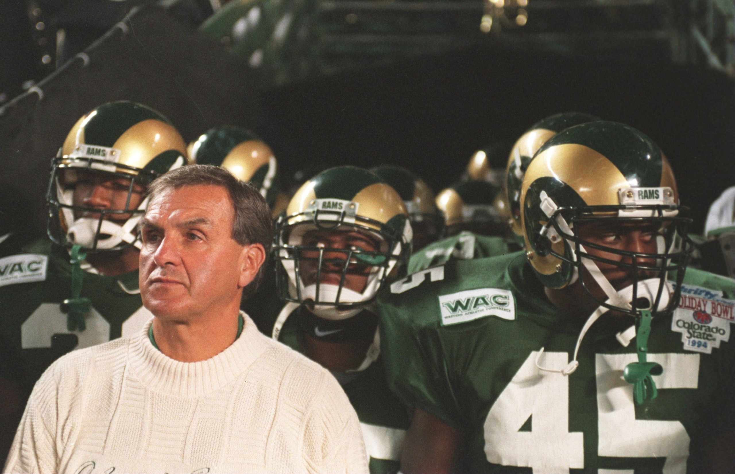 30 DEC 1994:  HEAD COACH SONNY LUBICK OF COLORADO STATE PREPARES TO LEAD HIS PLAYERS OUT ONTO THE FIELD BEFORE THE HOLIDAY BOWL VERSUS MICHIGAN AT JACK MURPHY STADIUM IN SAN DIEGO, CALIFORNIA.  MICHIGAN WON THE GAME, 24-14. Mandatory Credit: Stephen Dunn/