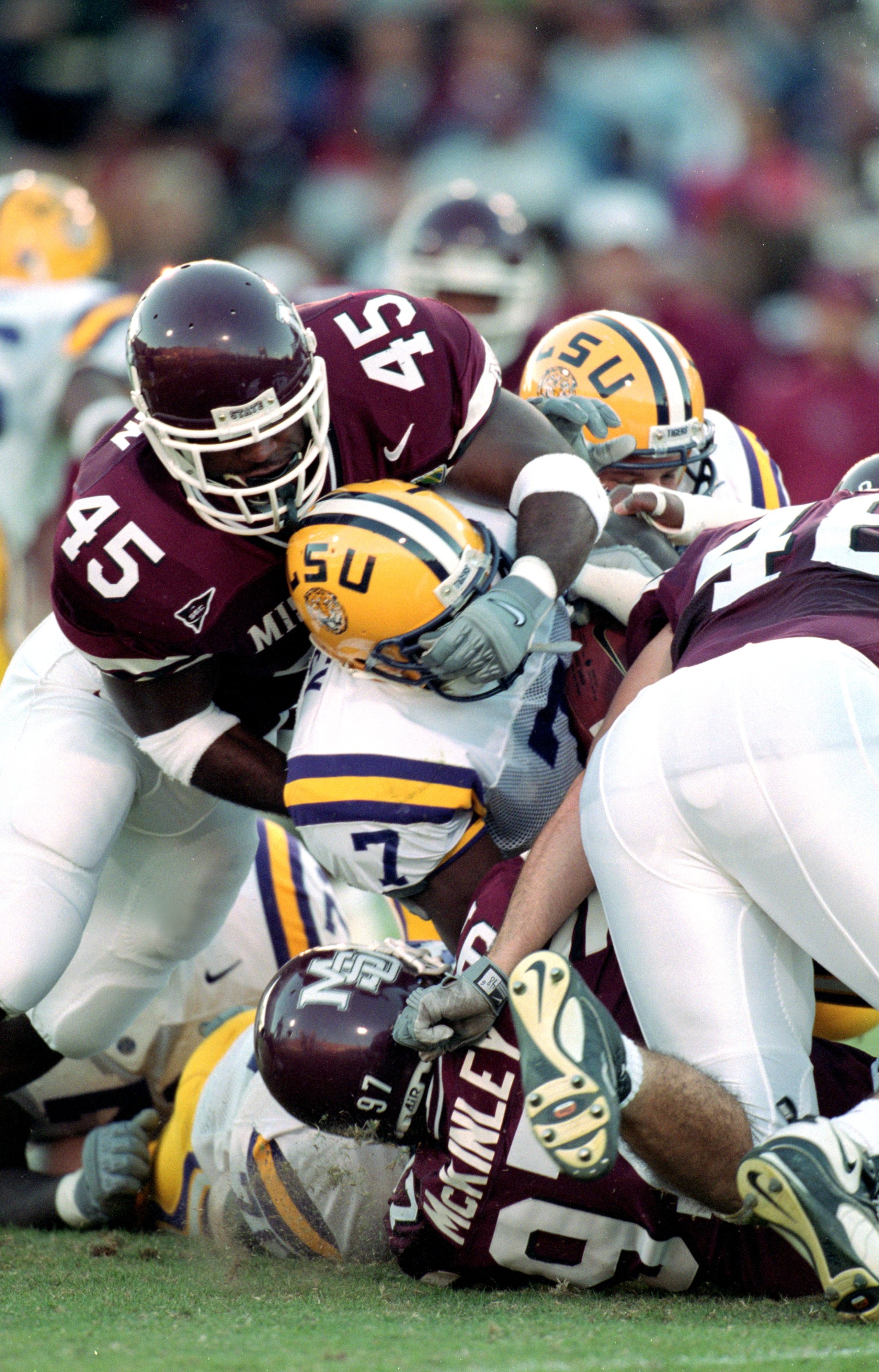 23 Oct 1999:  Barrin Simpson #45 of the Mississippi State Bulldogs tackles the Rodney Meanley #7 of the LSU Tigers at the Scott Stadium in Starkville, Mississippi. The Bulldogs defeated the Tigers 17-16. Mandatory Credit: Scott Halleran  /Allsport