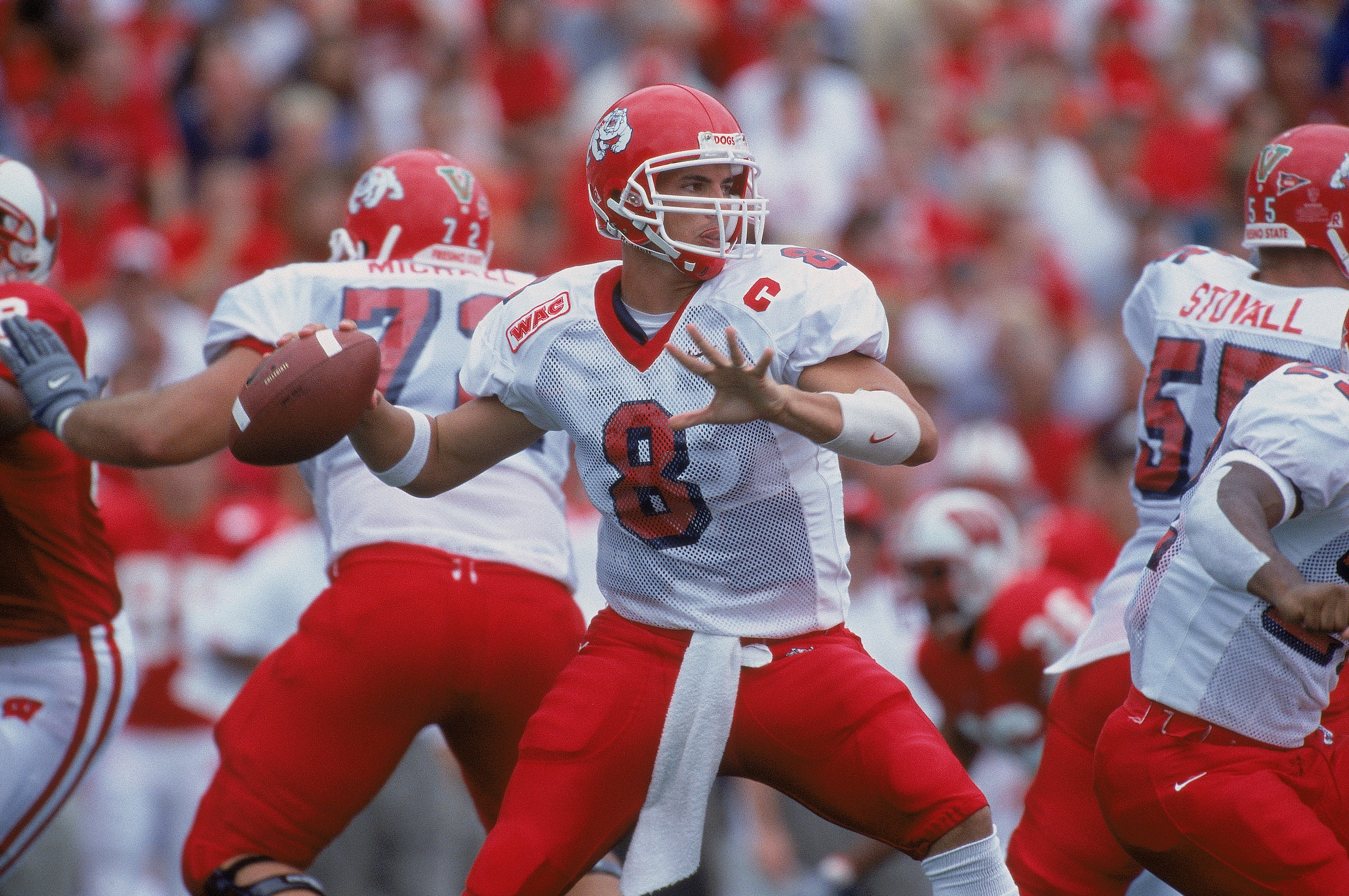 8 Sep 2001:  Quarterback David Carr #8 of the Fresno State Bull Dogs gets ready to pass the ball during the game against the Wisconsin Badgers at Camp Randall Stadium in Madison, Wisconsin. The Bull Dogs defeated the Badgers 32-20.Mandatory Credit: Jonath