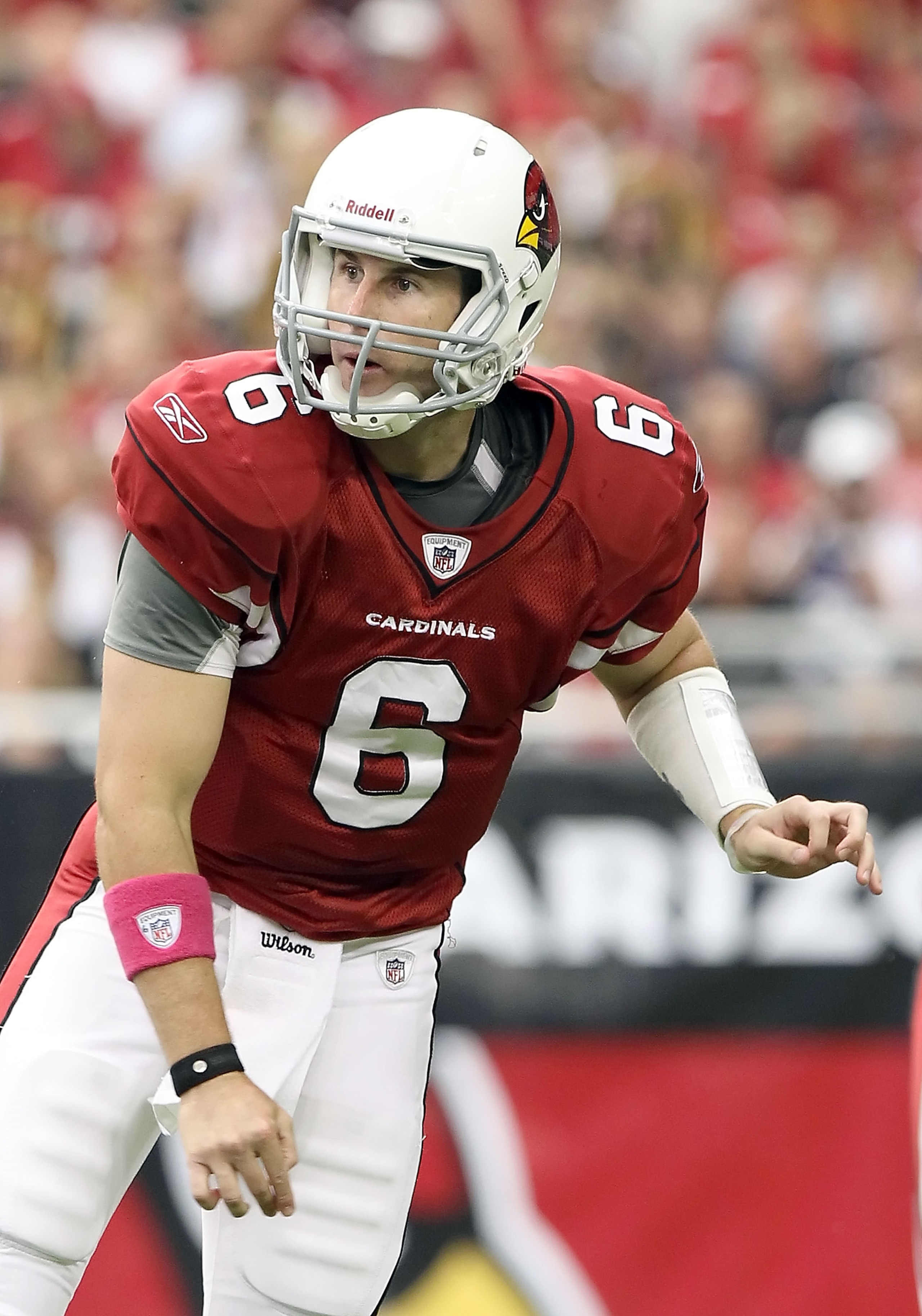 GLENDALE, AZ - OCTOBER 10:  Quarterback Max Hall #6 of the Arizona Cardinals throws a pass during the NFL game against the New Orleans Saints at the University of Phoenix Stadium on October 10, 2010 in Glendale, Arizona. The Cardinals defeated the Saints