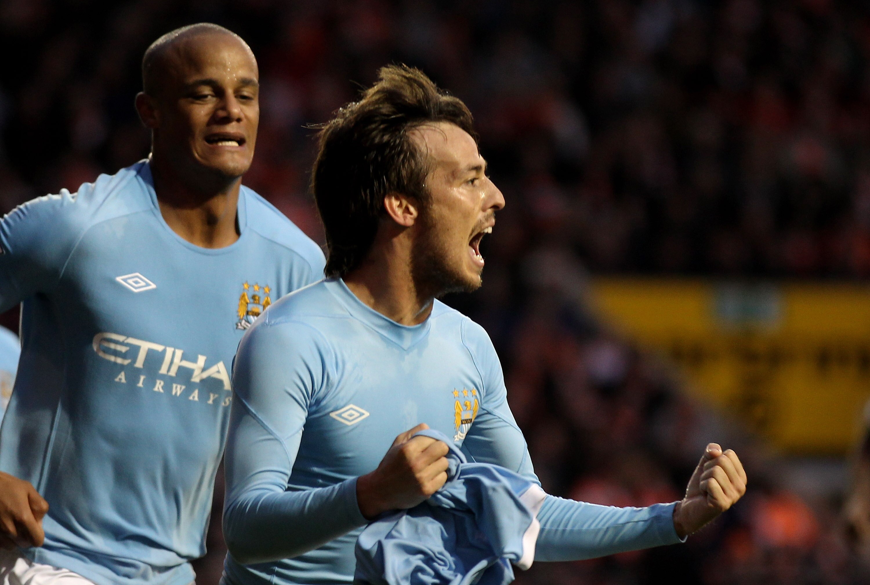 BLACKPOOL, ENGLAND - OCTOBER 17:  David Silva of Manchester City celebrates scoring his team's third goal during the Barclays Premiership match between Blackpool and Manchester City at Bloomfield Road on October 17, 2010 in Blackpool, England.  (Photo by 