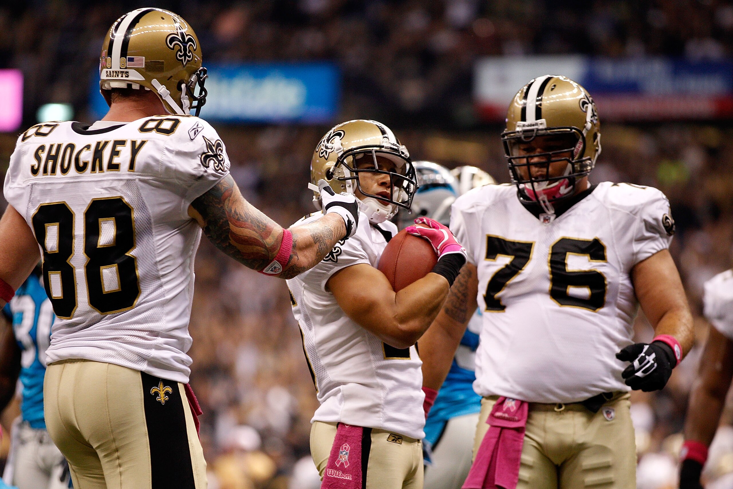NEW ORLEANS - OCTOBER 03:  Lance Moore #16 of the New Orleans Saints celebrates after scoring a touchdown against the Carolina Panthers at the Louisiana Superdome on October 3, 2010 in New Orleans, Louisiana.  (Photo by Chris Graythen/Getty Images)