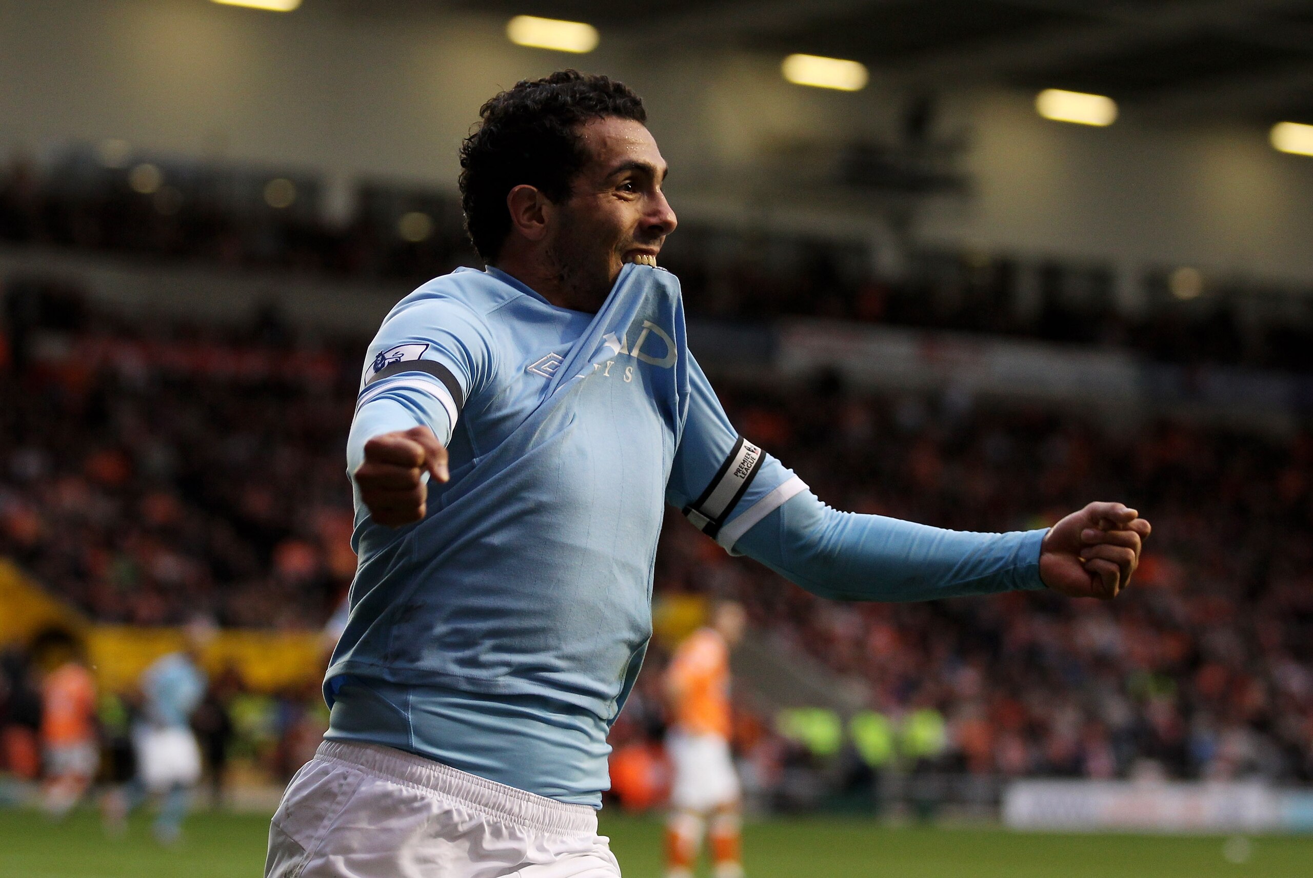 BLACKPOOL, ENGLAND - OCTOBER 17:   Carlos Tevez of Manchester City celebrates scoring the opening goal during the Barclays Premiership match between Blackpool and Manchester City at Bloomfield Road on October 17, 2010 in Blackpool, England. (Photo by Alex