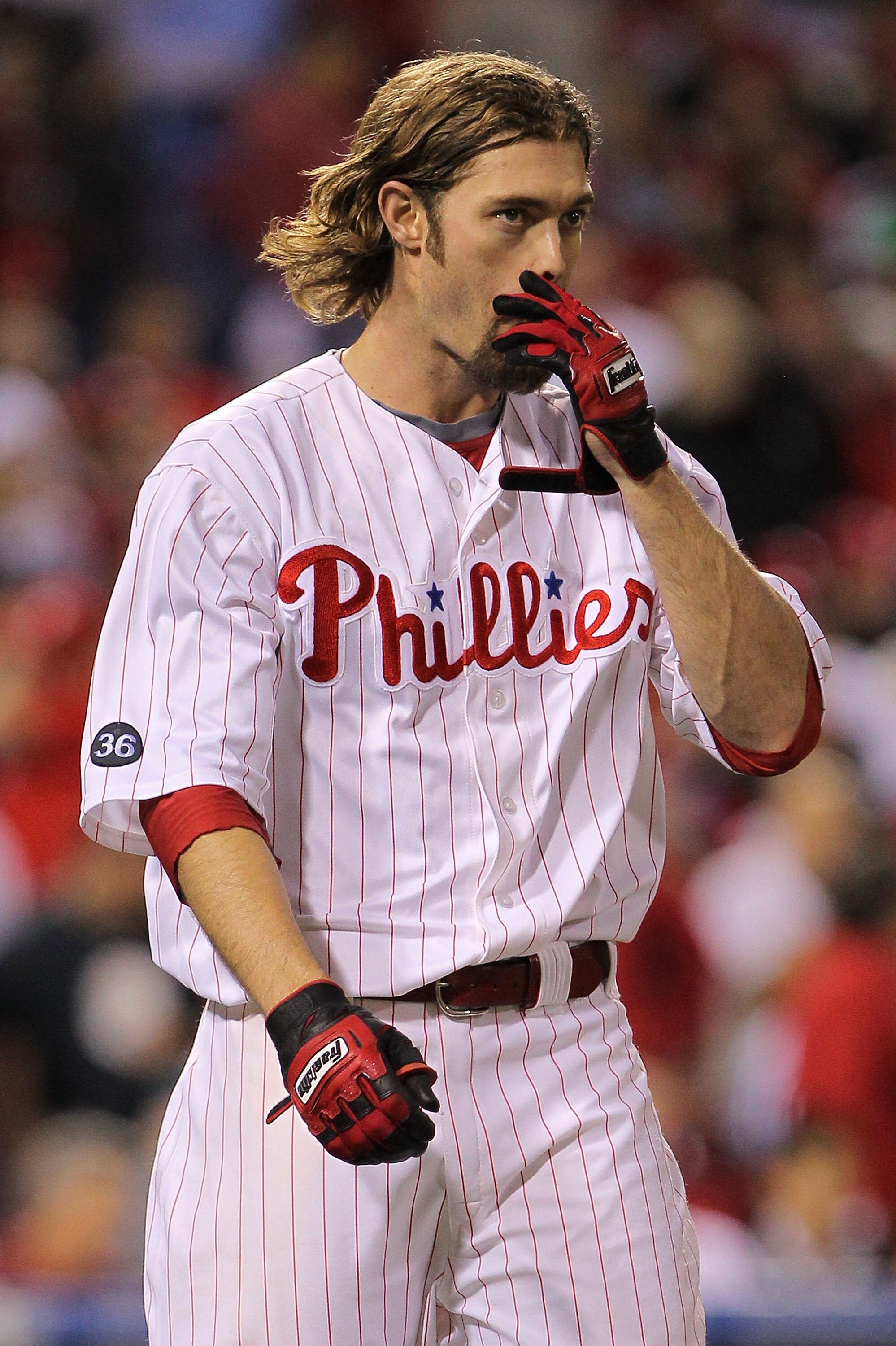 PHILADELPHIA - OCTOBER 17:  Jayson Werth #28 of the Philadelphia Phillies reacts to striking out against the San Francisco Giants in Game Two of the NLCS during the 2010 MLB Playoffs at Citizens Bank Park on October 17, 2010 in Philadelphia, Pennsylvania.