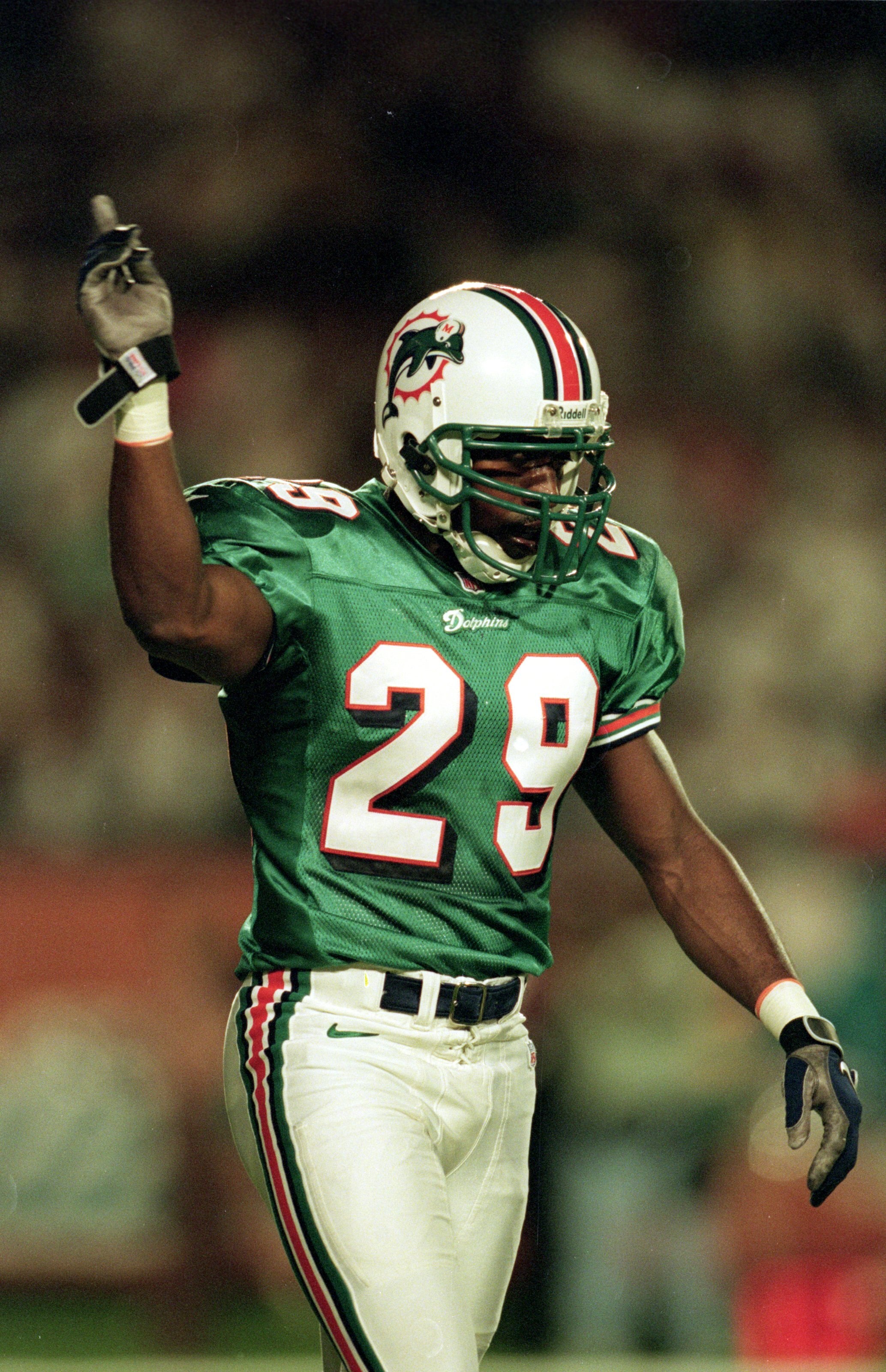 7 Nov 1999:  Sam Madison #29 of the Miami Dolphins is celebrating during the game against the Tennessee Titans at the Pro Player Stadium in Miami, Florida. The Dolphins defeated the Titans 17-0. Mandatory Credit: Andy Lyons  /Allsport