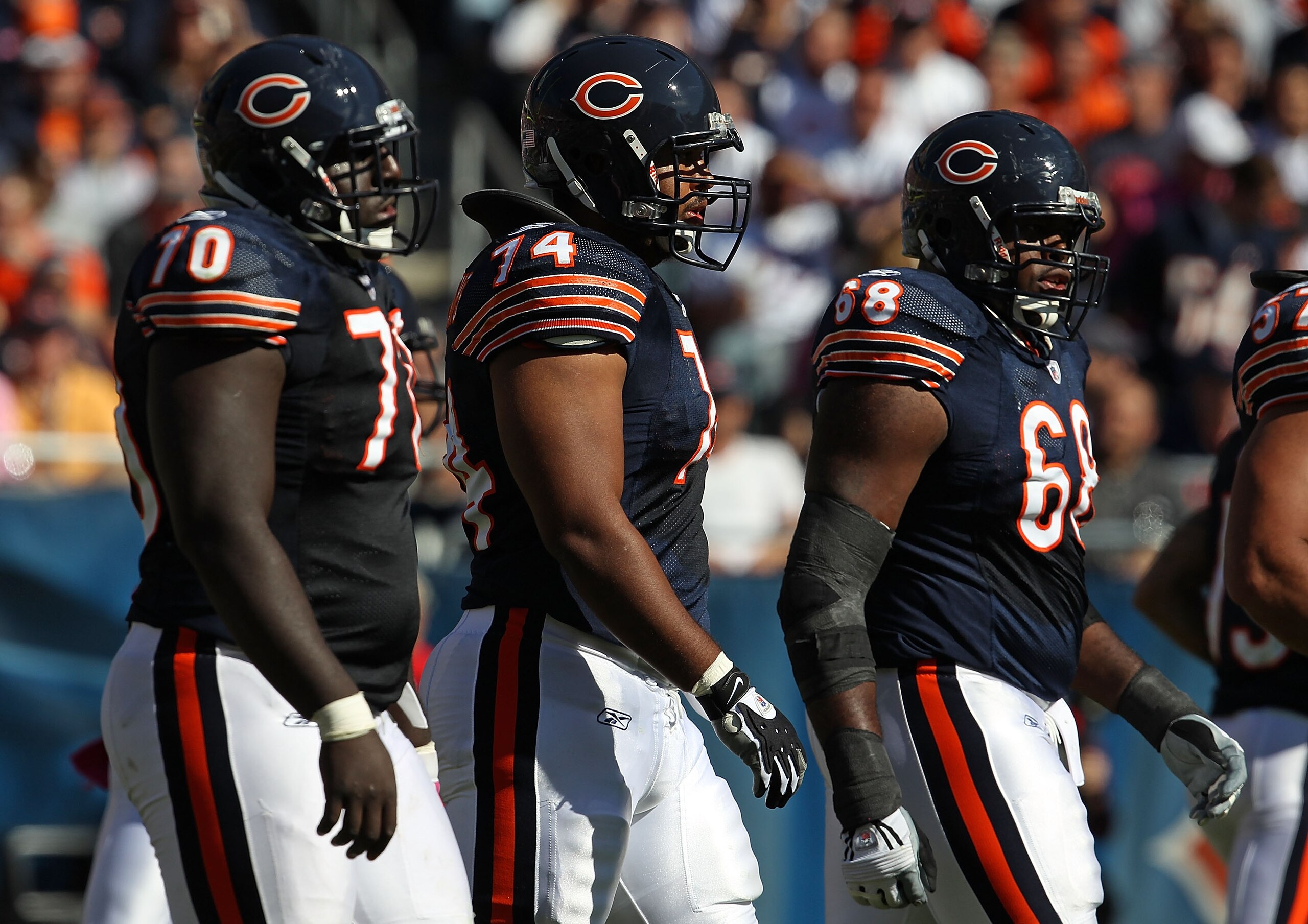 CHICAGO - OCTOBER 17: (L-R) Edwin Williams #70, Chris Williams #74 and Frank Omiyale #68 of the Chicago Bears walk up to the line of scrimmage against the Seattle Seahawks at Soldier Field on October 17, 2010 in Chicago, Illinois. The Seahawks defeated th