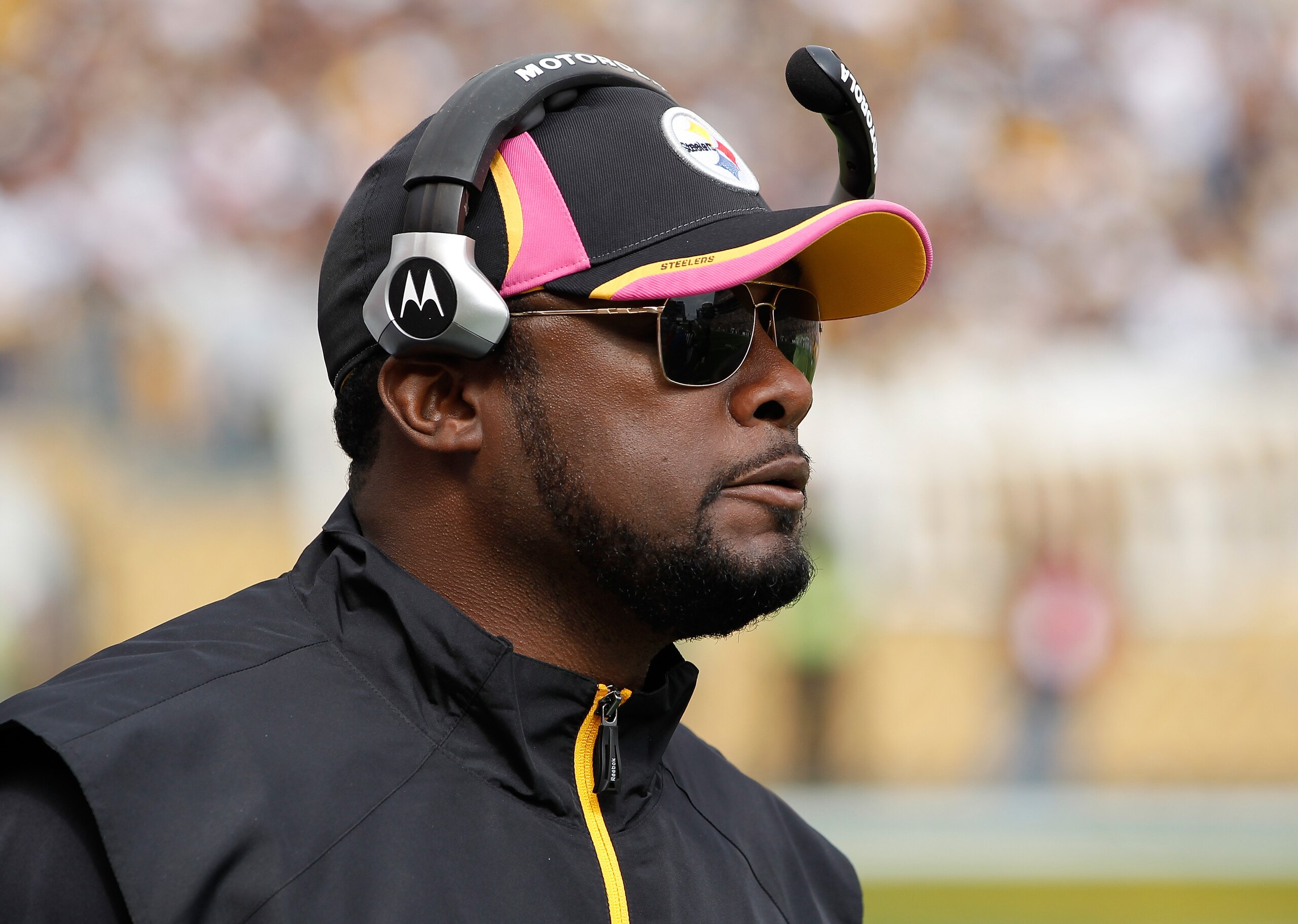 PITTSBURGH - OCTOBER 03: Head Coach Mike Tomlin of the Pittsburgh Steelers looks on during the game against the Baltimore Ravens on October 3, 2010 at Heinz Field in Pittsburgh, Pennsylvania. (Photo by Gregory Shamus/Getty Images)