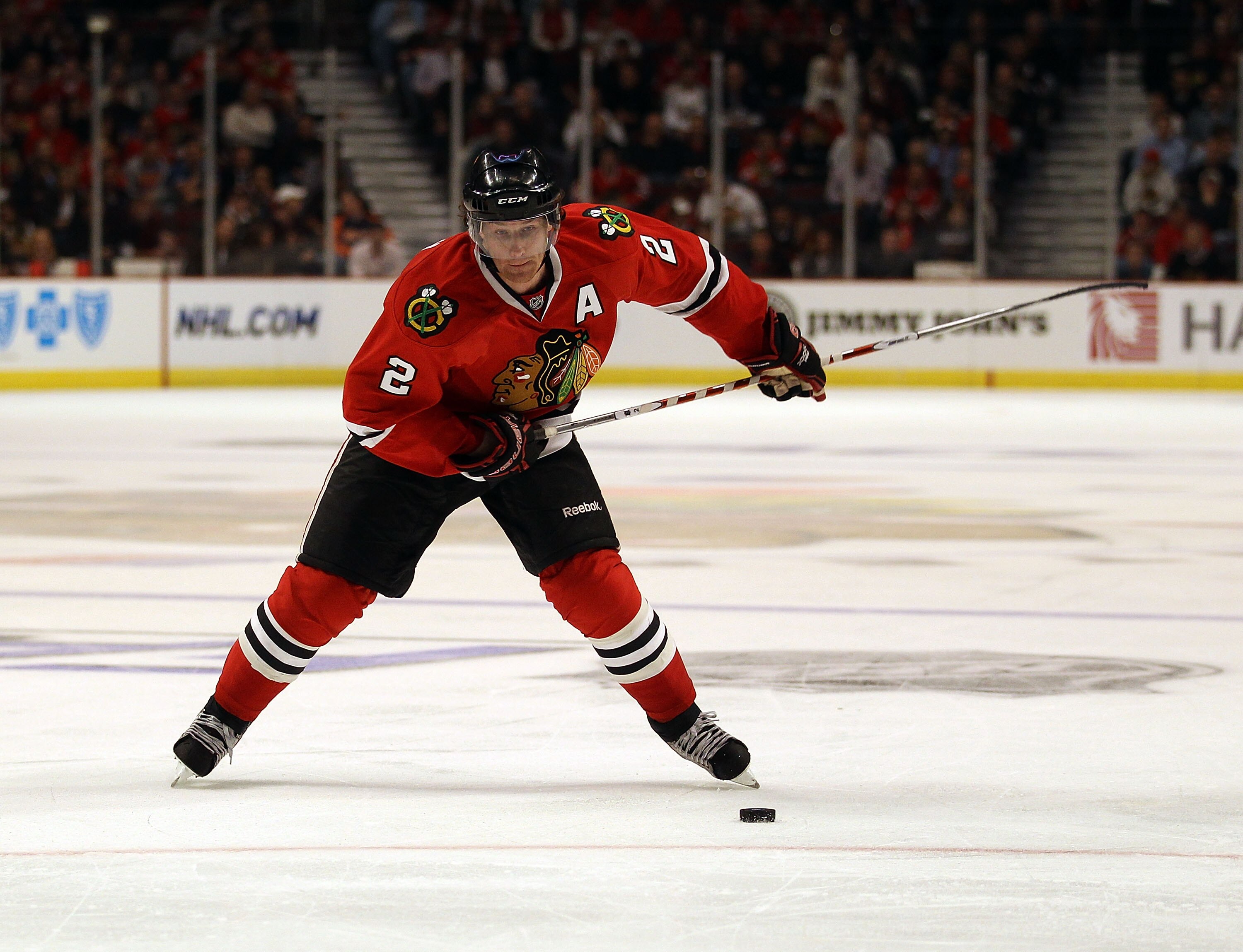 CHICAGO - OCTOBER 13: Duncan Keith #2 of the Chicago Blackhawks shoots the puck against the Nashville Predators at the United Center on October 13, 2010 in Chicago, Illinois. The Predators defeated the Blackhawks 3-2. (Photo by Jonathan Daniel/Getty Image